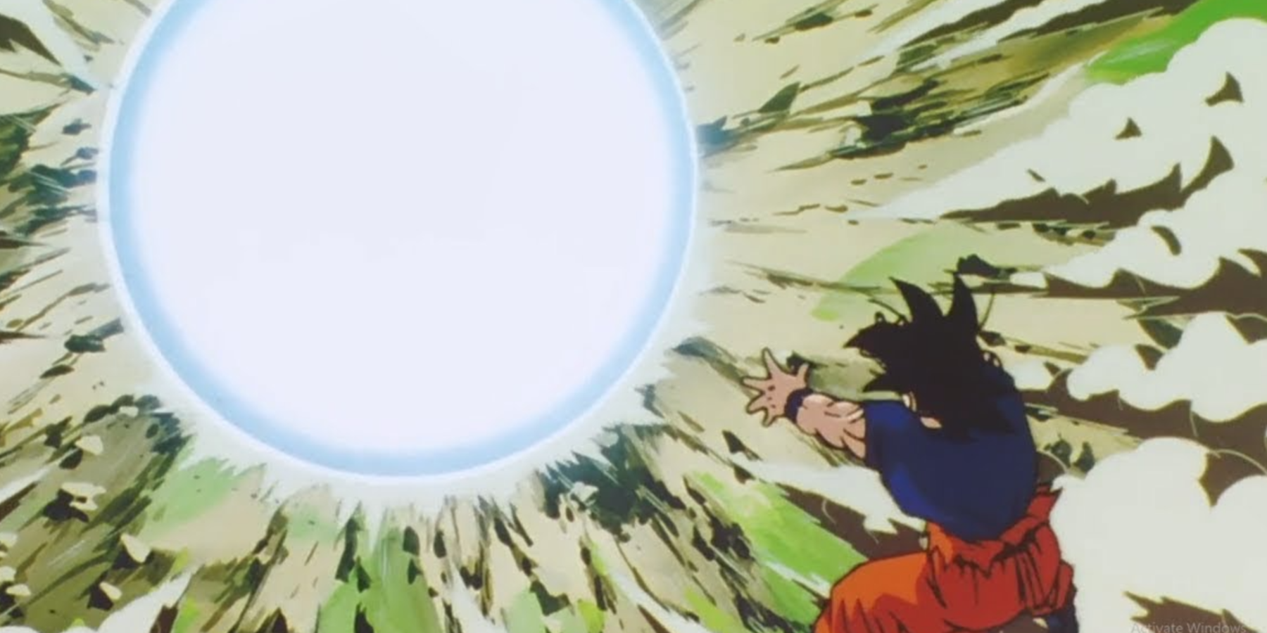 Goku throwing the spirit bomb at Buu