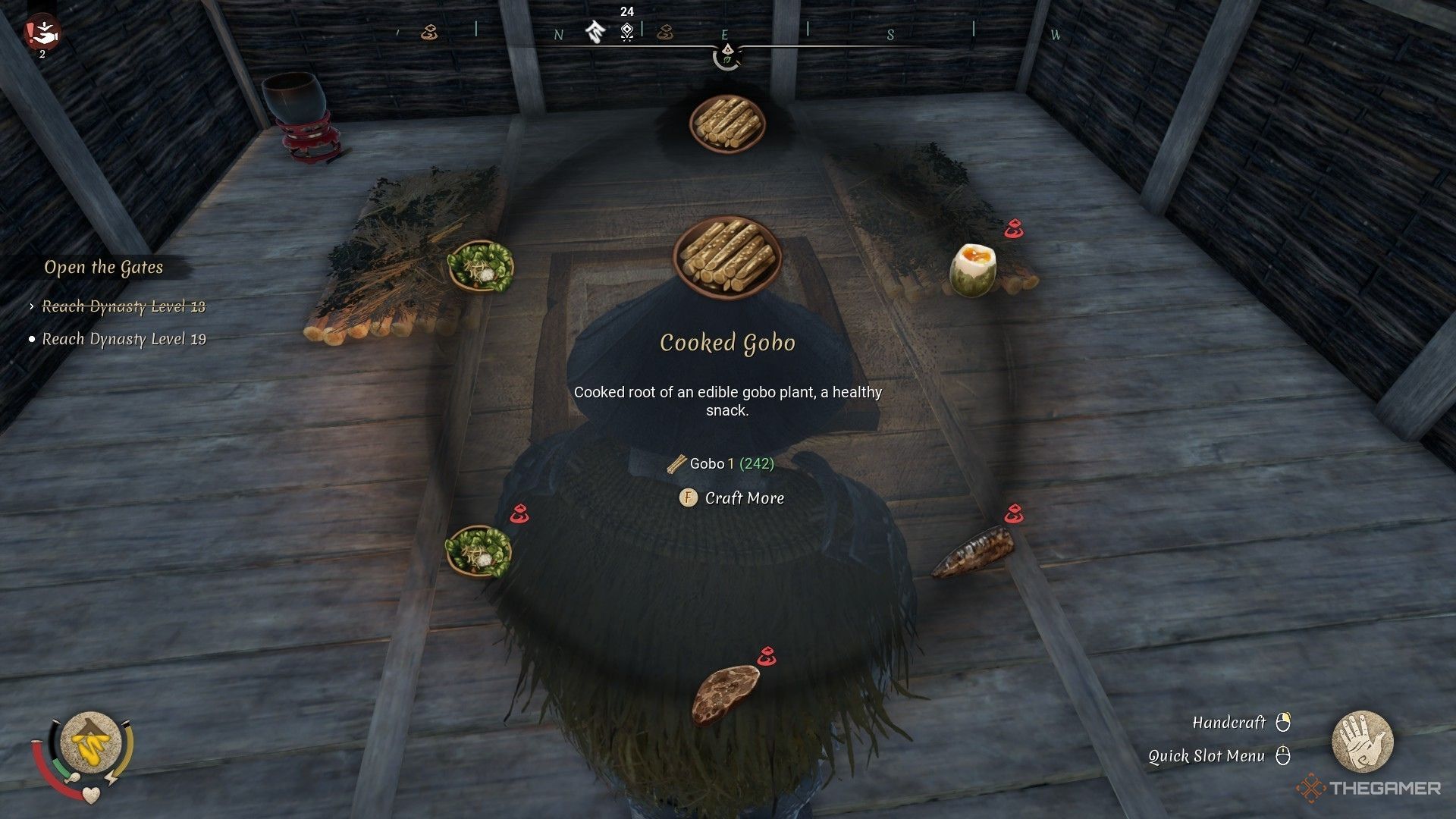 The image shows the simple campfire and sunken hearth cooking menu in Sengoku Dynasty.