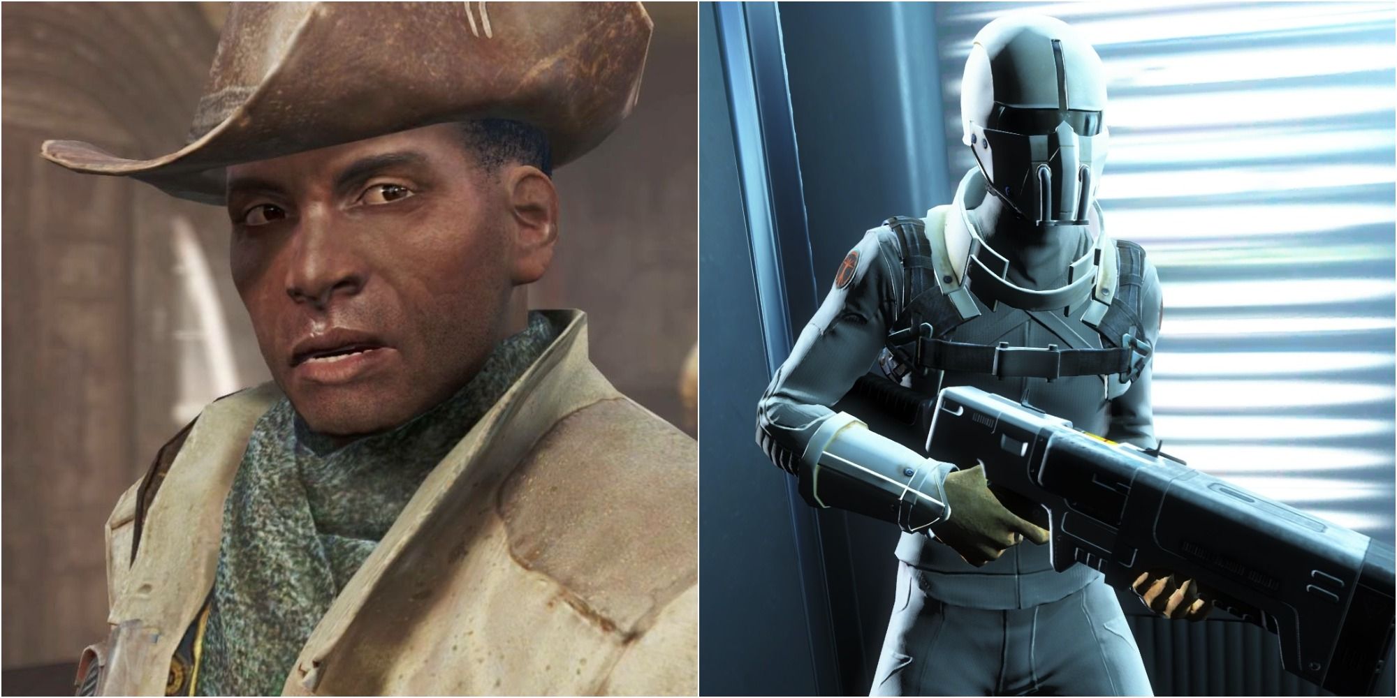 A side by side of Preston Garvey and a synth holding a rifle. 