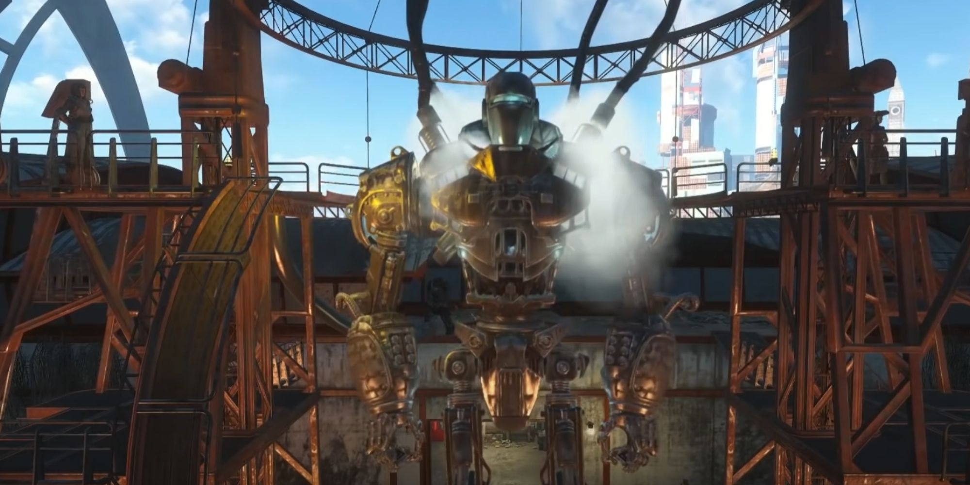 The giant robot Liberty Prime surrounded by wires and scaffolding.