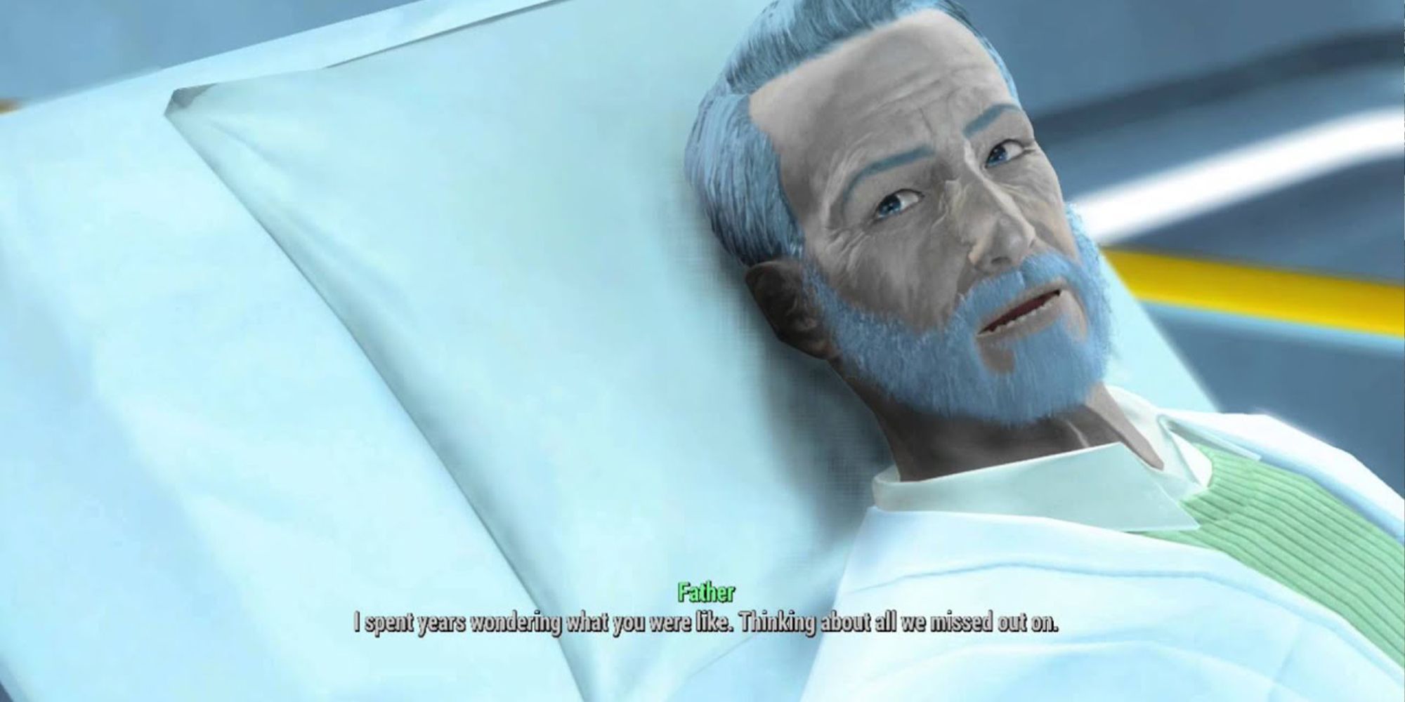 Fallout 4 Shaun laying in a crisp bed talking to the sole survivor.