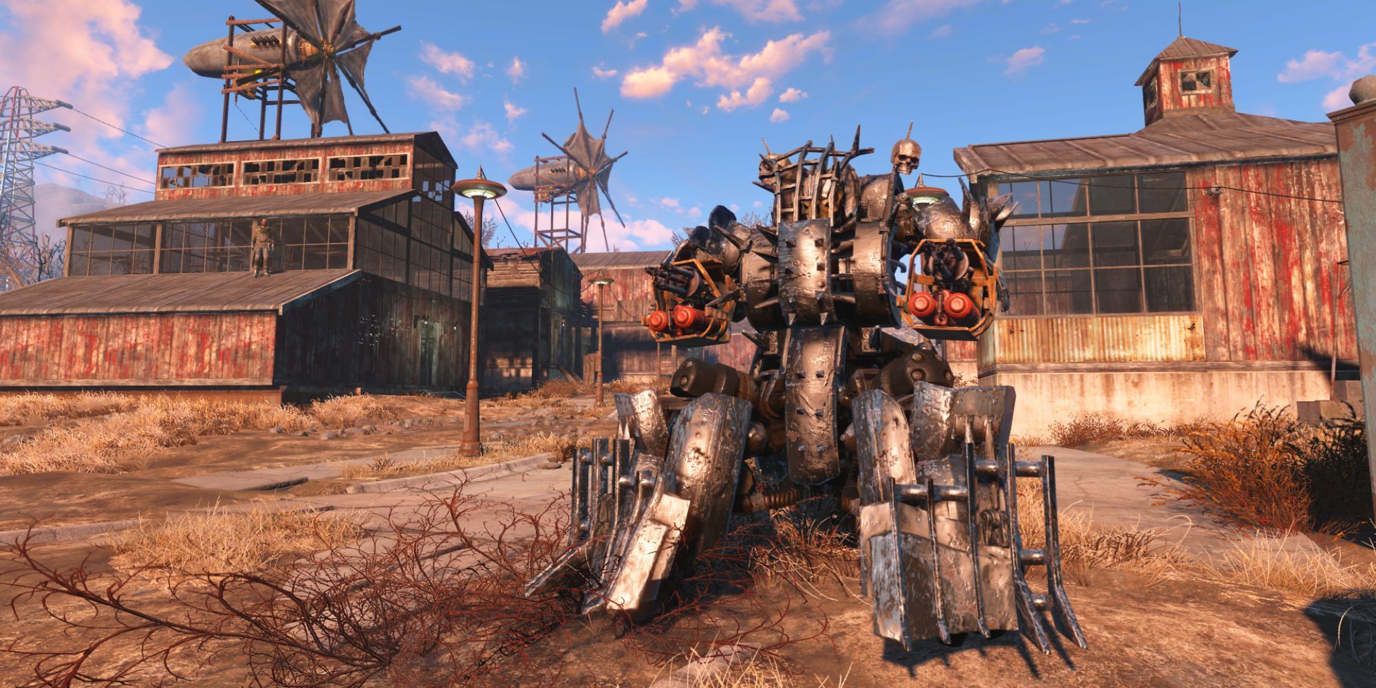 fallout 4 automatron robot next to a warehouse.