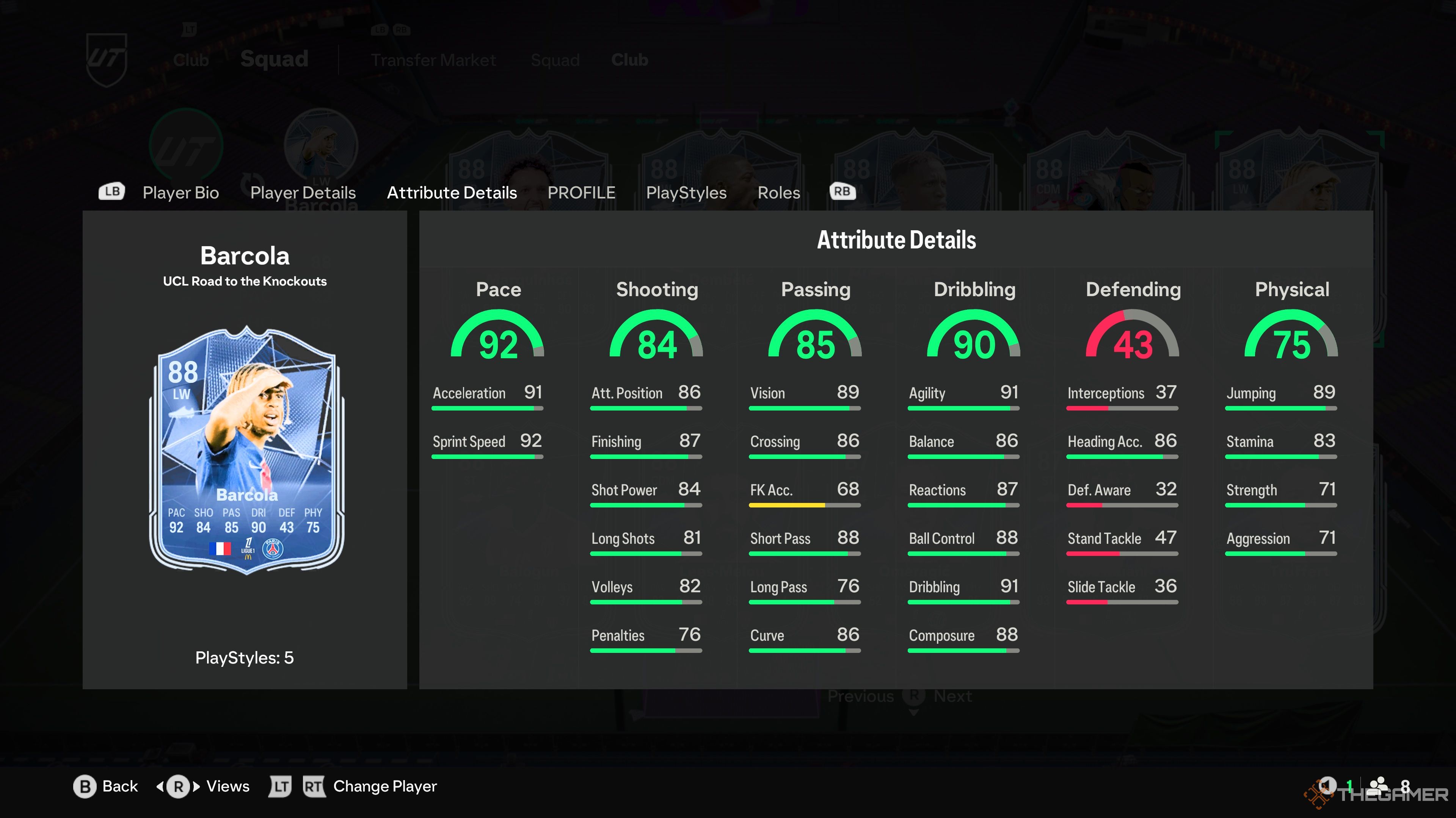 Bradley Barcola's card attributes in EA Sports FC 25.