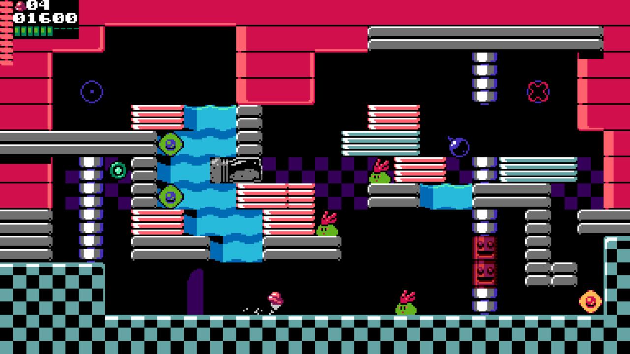 A level from Campanella, showcasing a tiny UFO, some slime-like critters, and a little maze of obstacles.