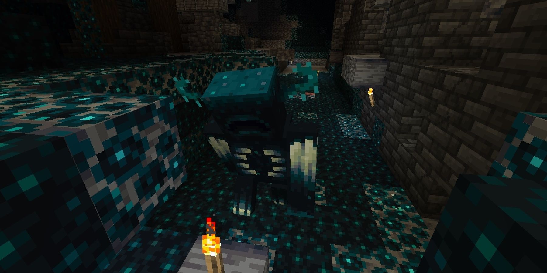 A Minecraft Warden looking at a torch. 