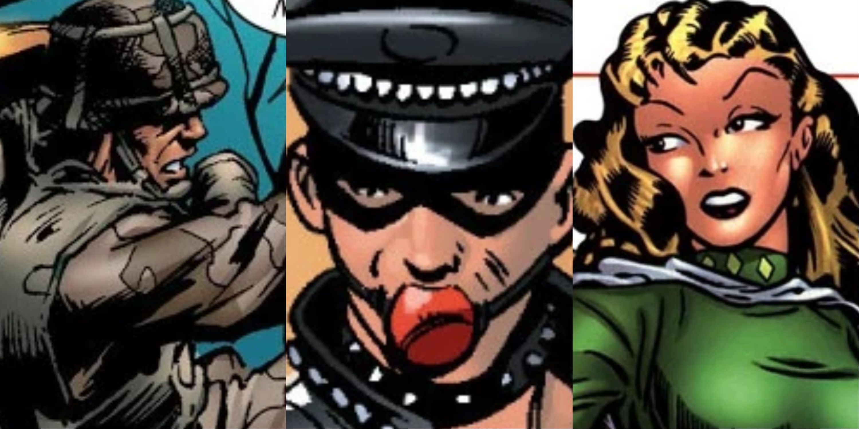 A collage of Marvel characters. From left to right are Captain Midlands, Leather Boy and Asbestos Lady.