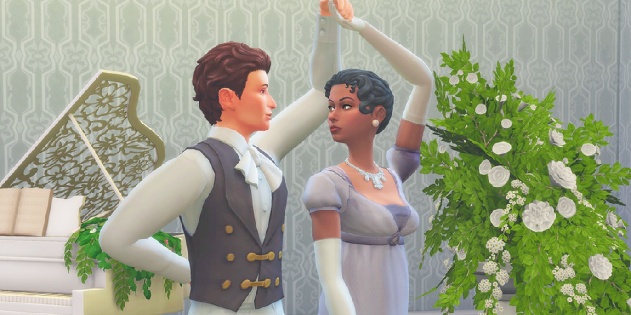 Two sims dancing together in regency clothes.