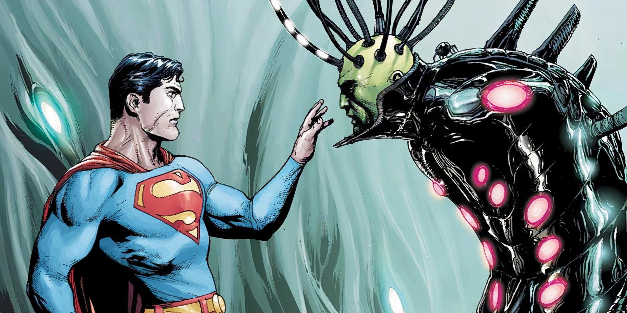 Superman encountering Brainiac in Superman: Brainiac