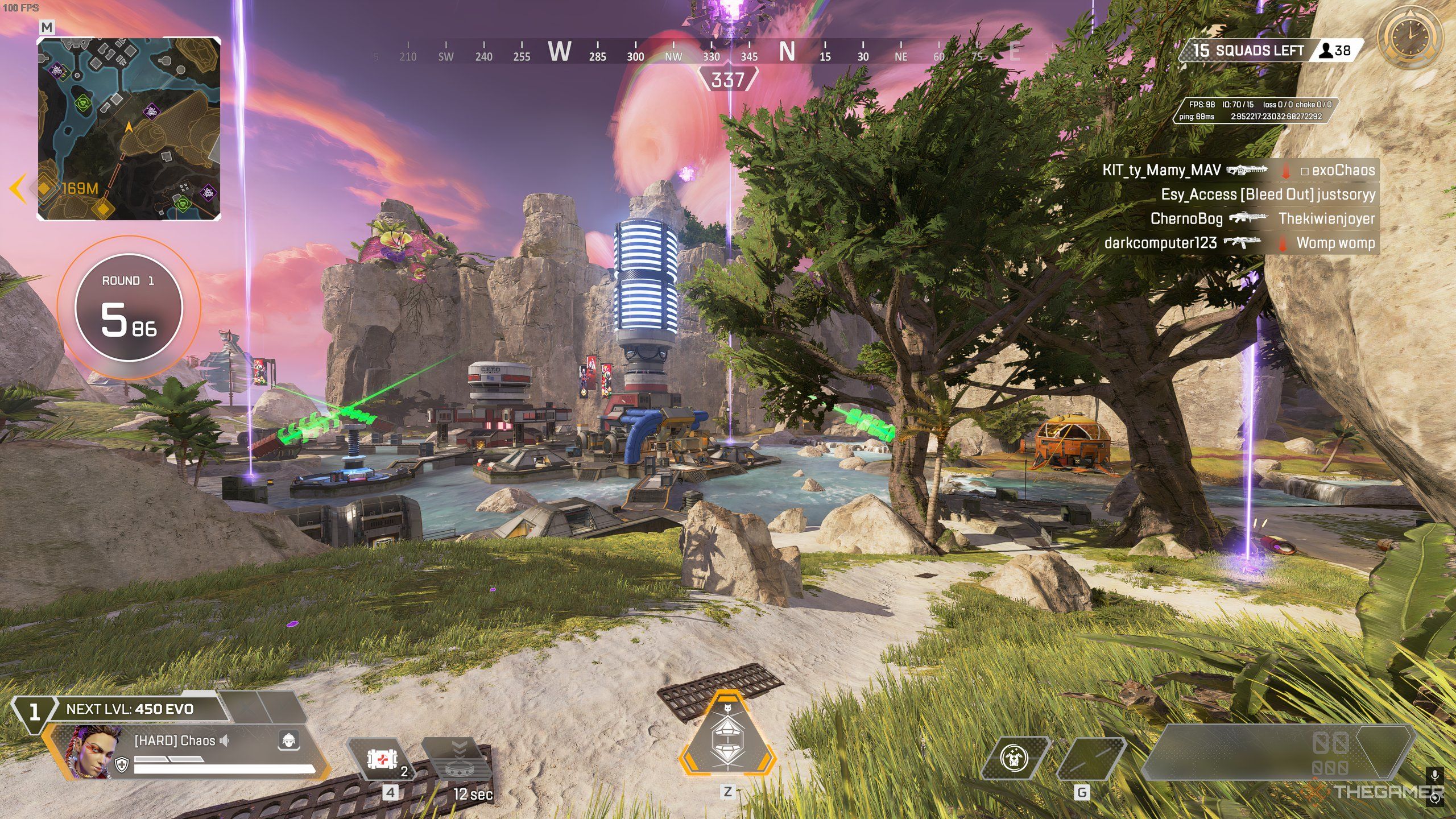 Three purple beacons coming from the sky, marking Rift Relics in Apex Legends.