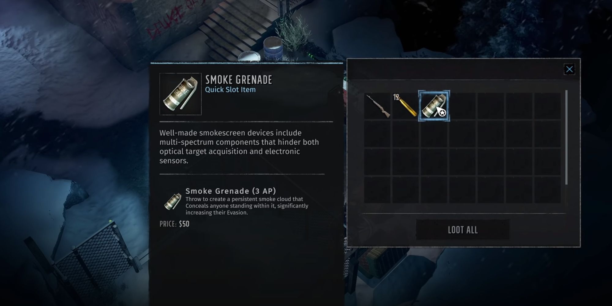 A mostly black and white loot UI showing a grid-based inventory with a smoke grenade and other tactical gear inside.