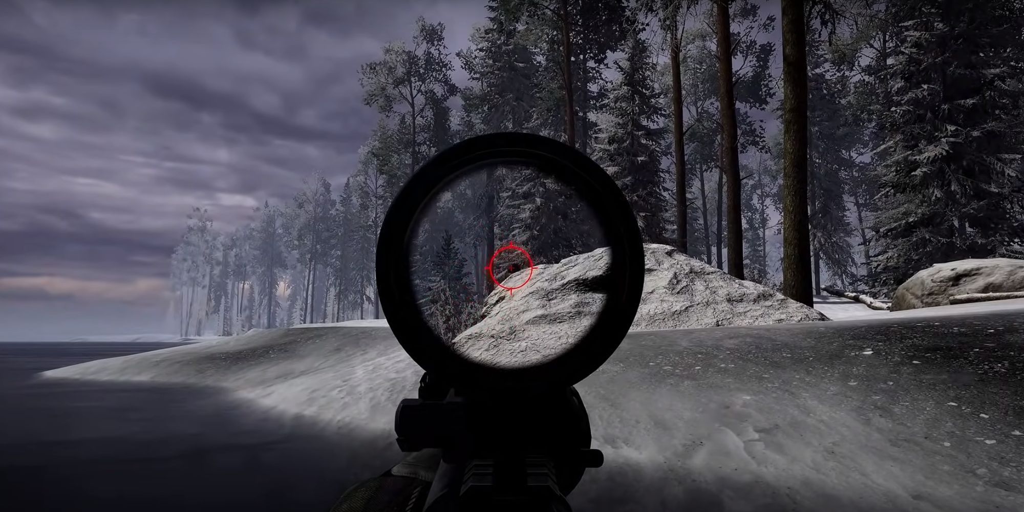 A first-person perspective of looking through a rifle scope with a red crosshair in a snowy environment.