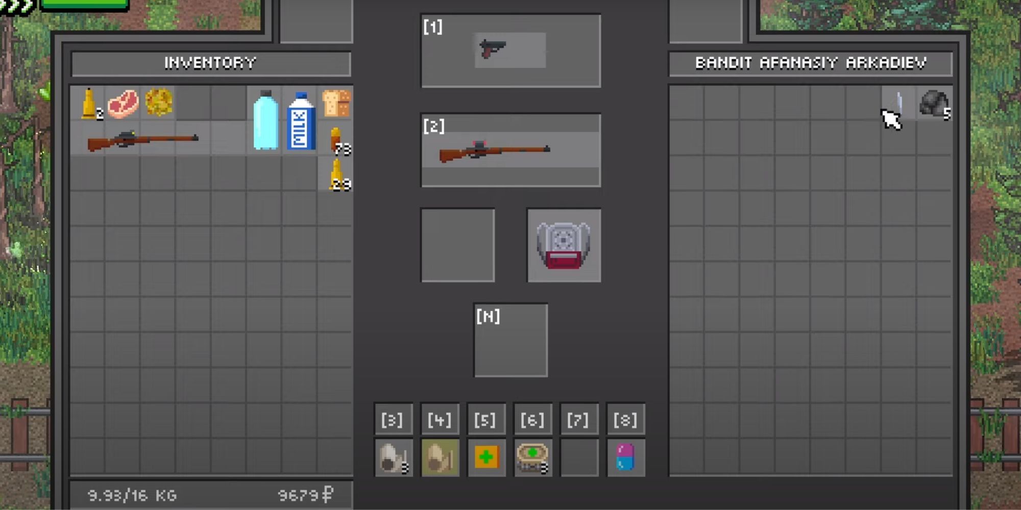 A gray, grid-based looting UI of a player searching a bandit's inventory.