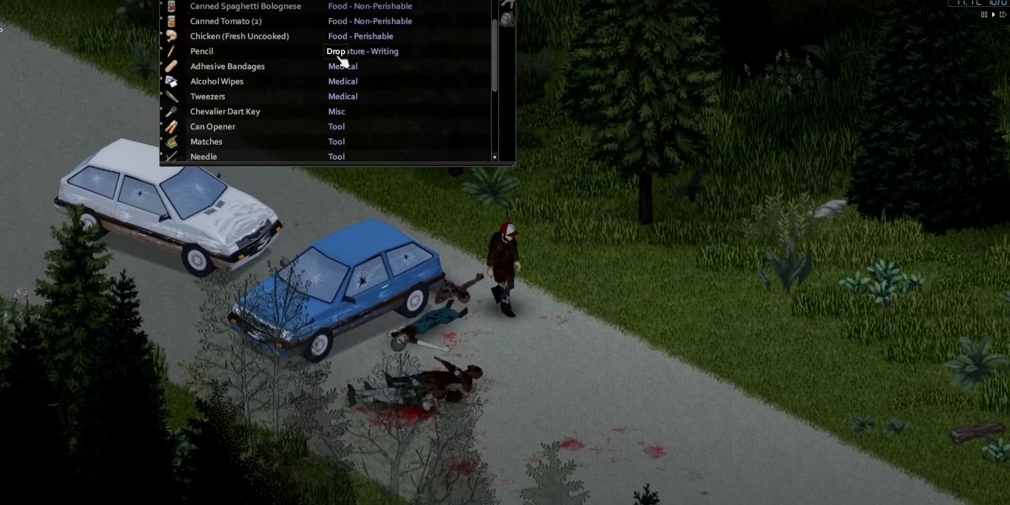 A player looks through their inventory from an isometric perspective next to multiple dead zombies on a road.