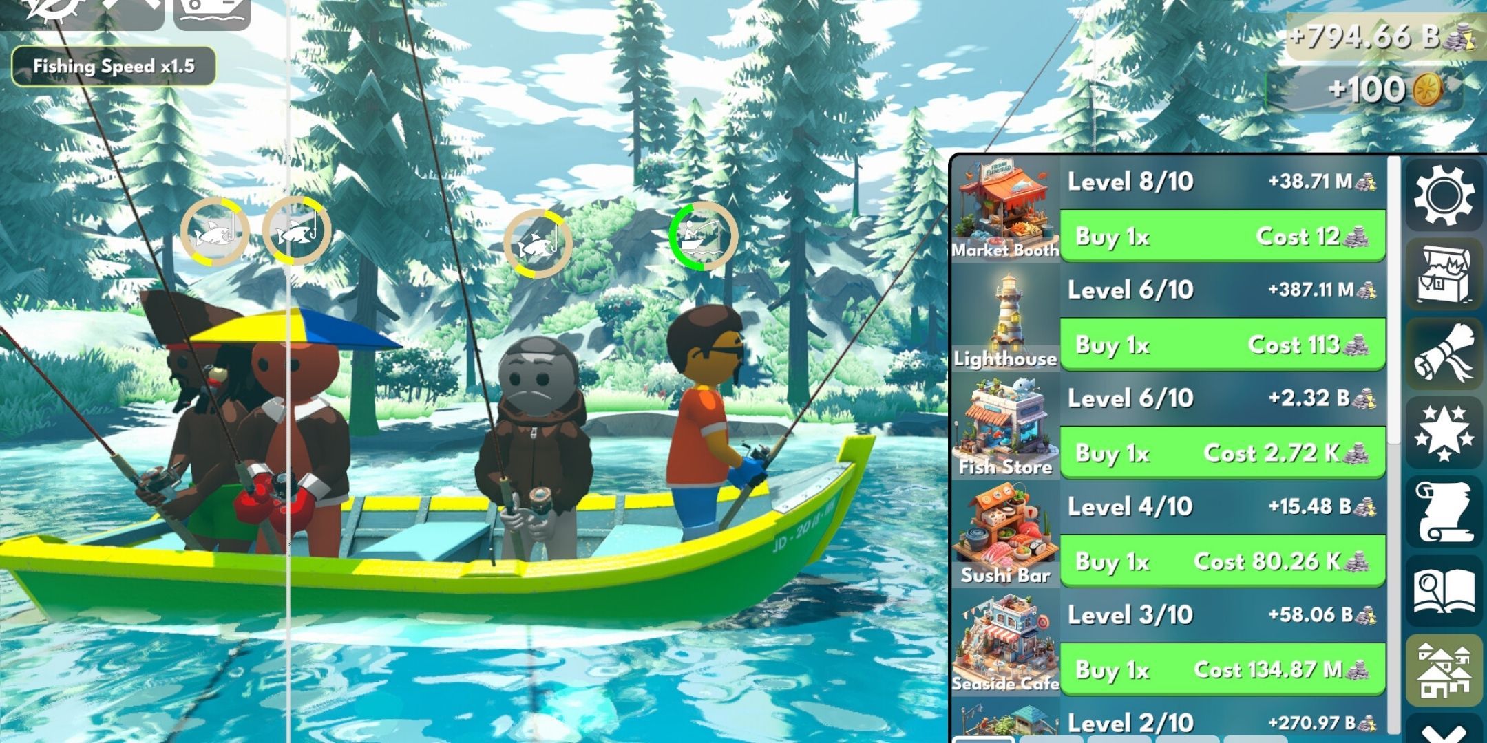  A screenshot from Idle Fishing, in which four people are on a green boat with an upgrade menu on the right side of the screen.