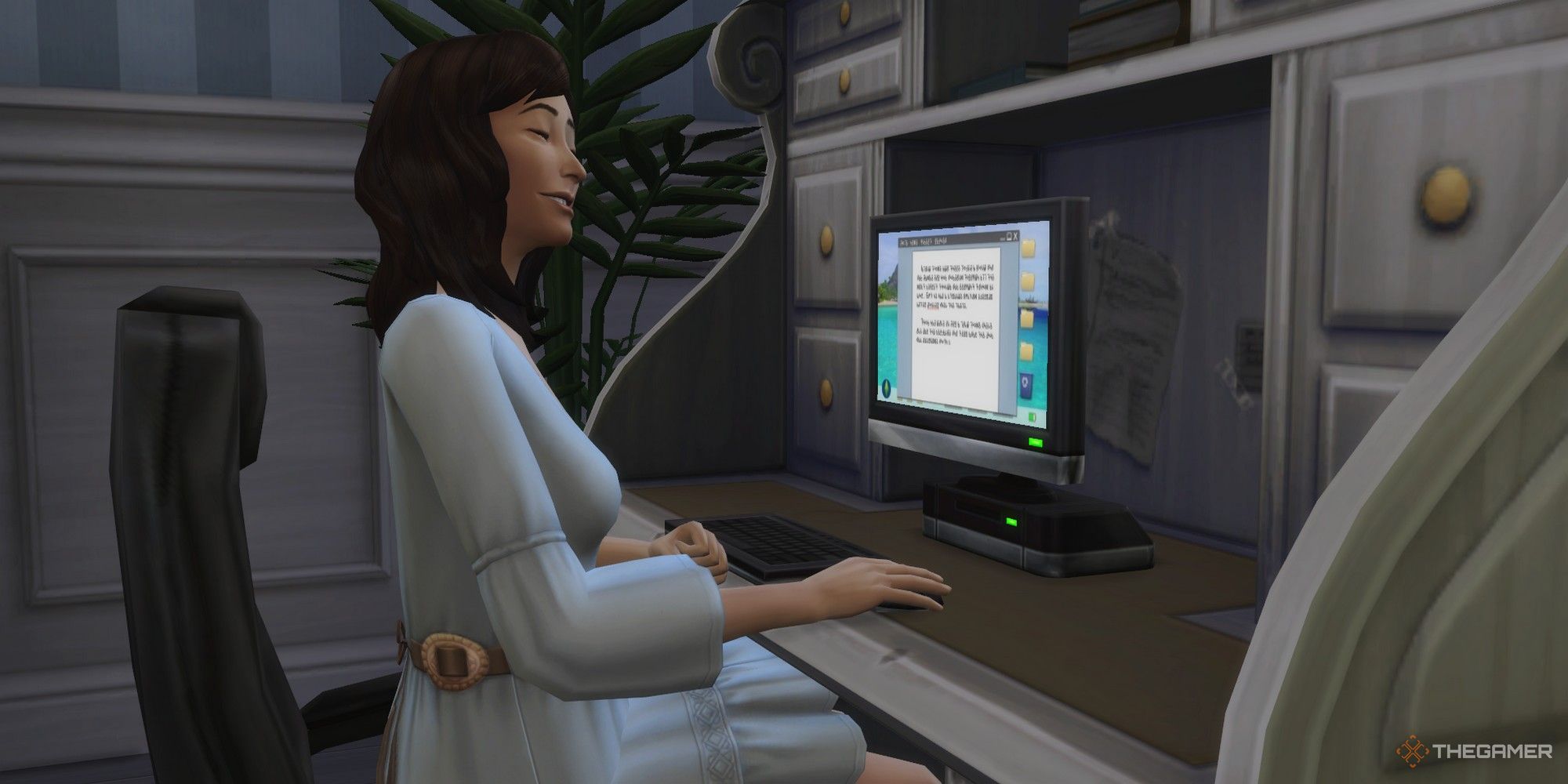 A female Sim typing on her desktop computer in The Sims 4.