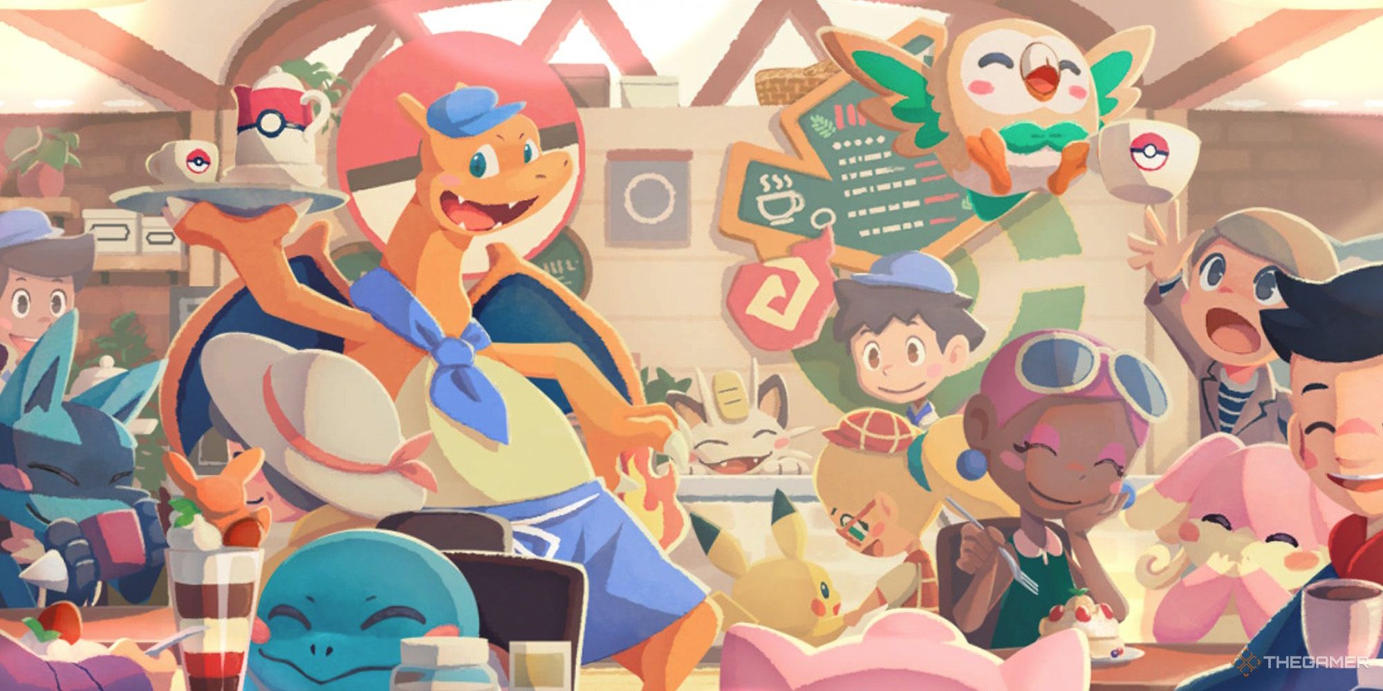 Charizard, Pikachu, and other Pokemon serving customers in Pokemon Cafe ReMix.