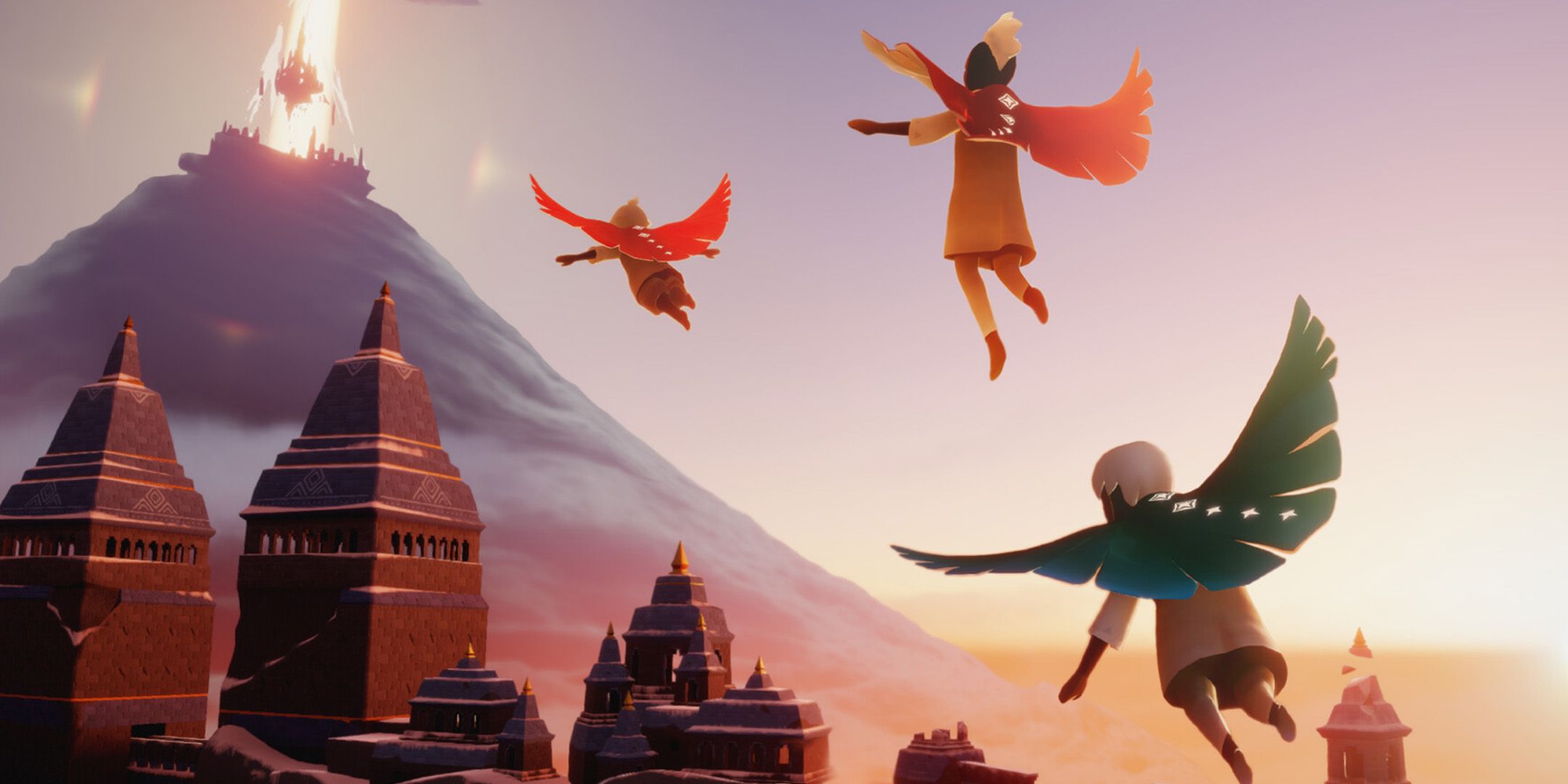 Three adventurers flying over a city toward a volcano from Sky: Children of the Light.