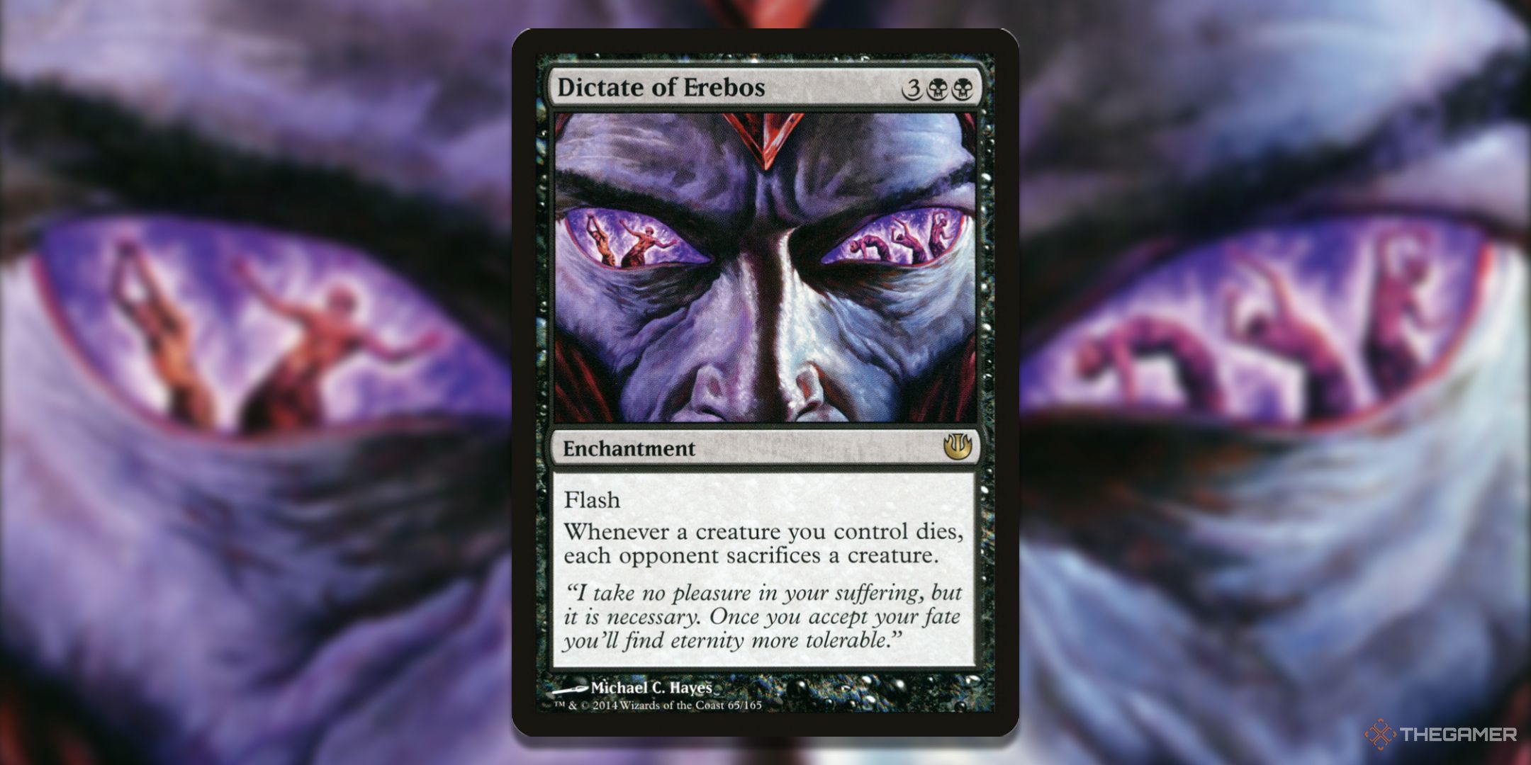 MTG Dictate of Erebos card with the art in the background.