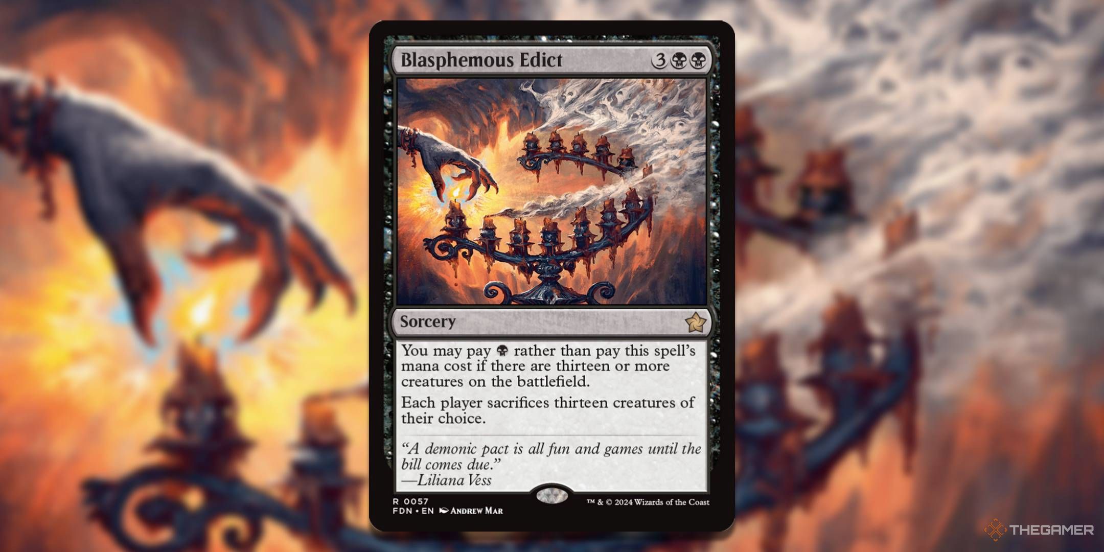 MTG Blasphemous Edict card with art in the background.