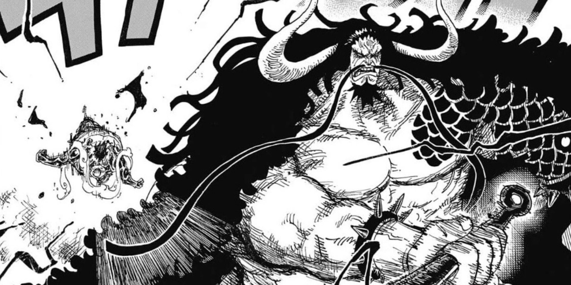 Kaido defeats Luffy with a single Raimei Hakke.