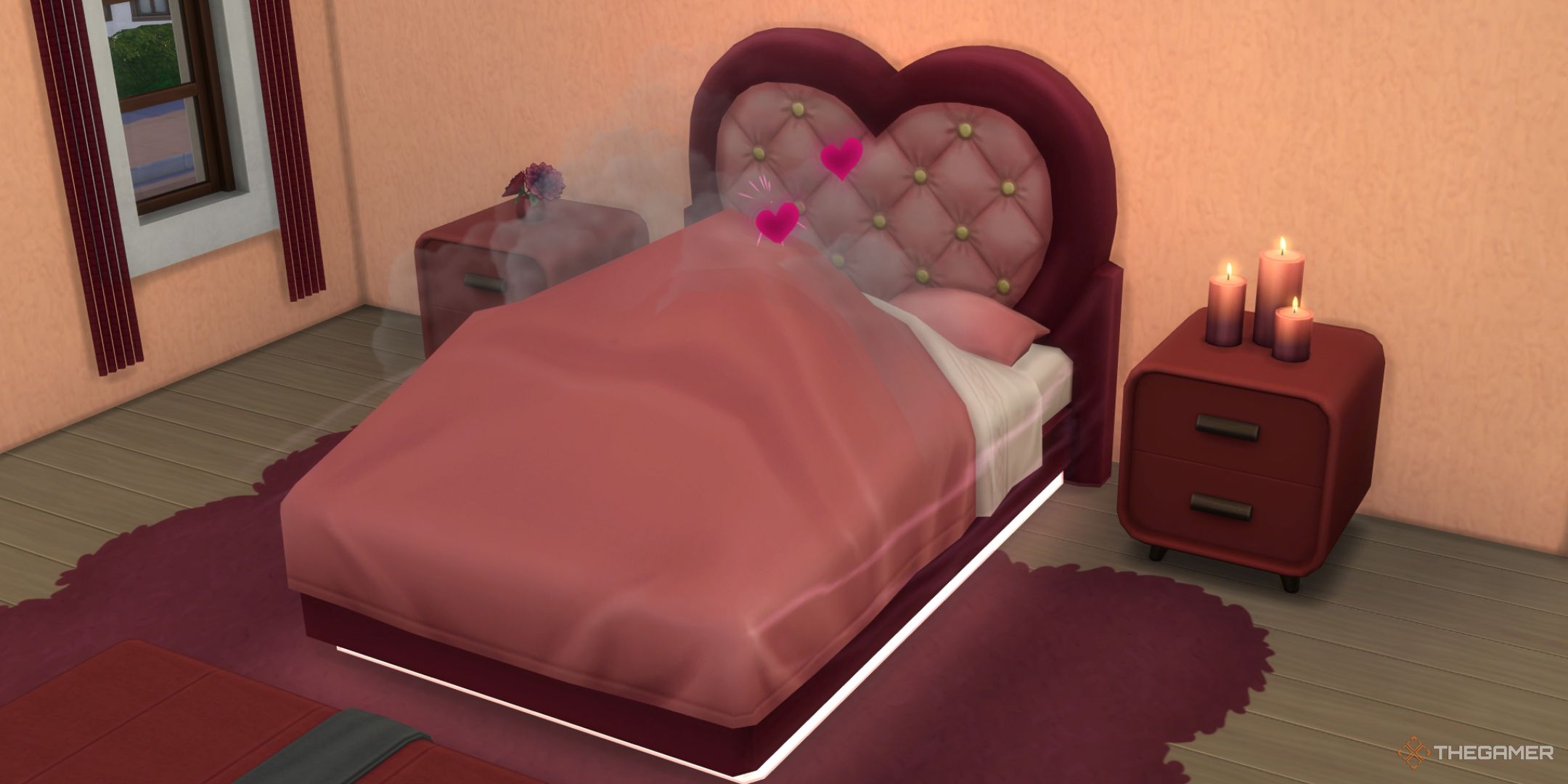 The Sims 4 Lovestruck's vibrating bed woohoo with love hearts around the bed and steam coming from it.