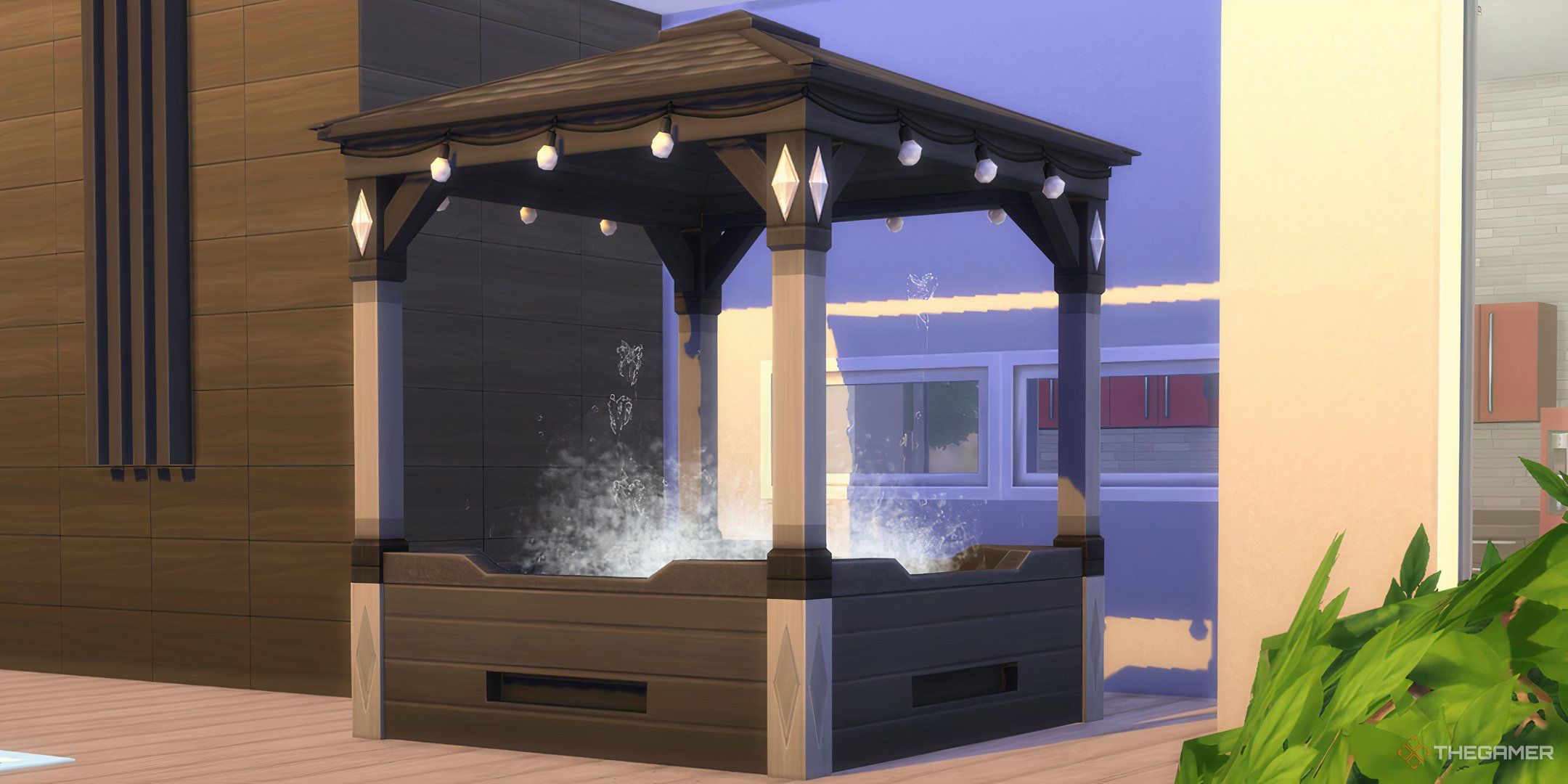 The sims 4 a hot tub on a patio with water splashing up and tiny heart bubbles above it.