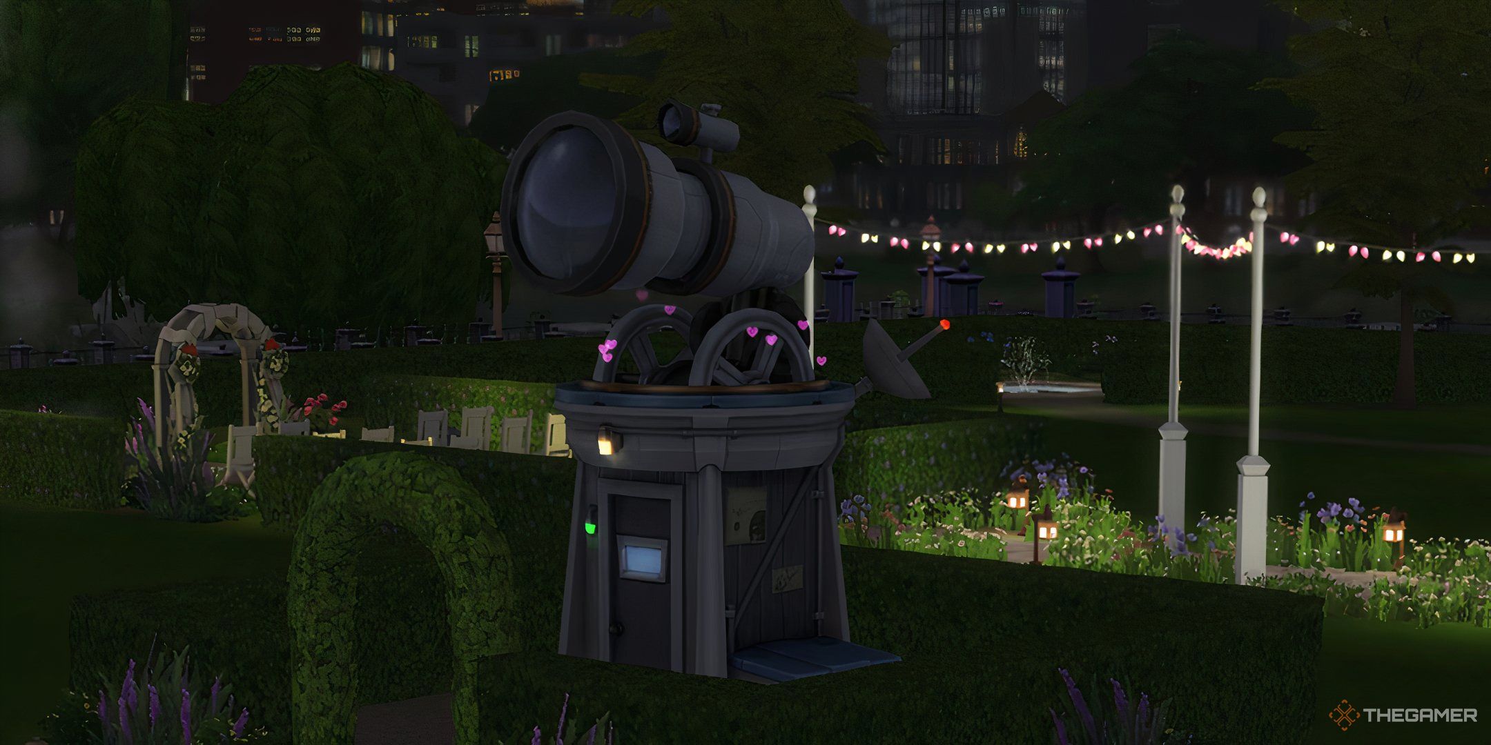 The Sims 4 Backyard Observatory in a park with love hearts around the top.