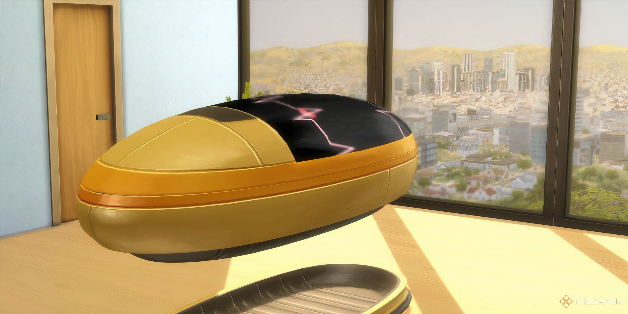 The sleeping pod hovers above the floor with heartbeats on its screen.