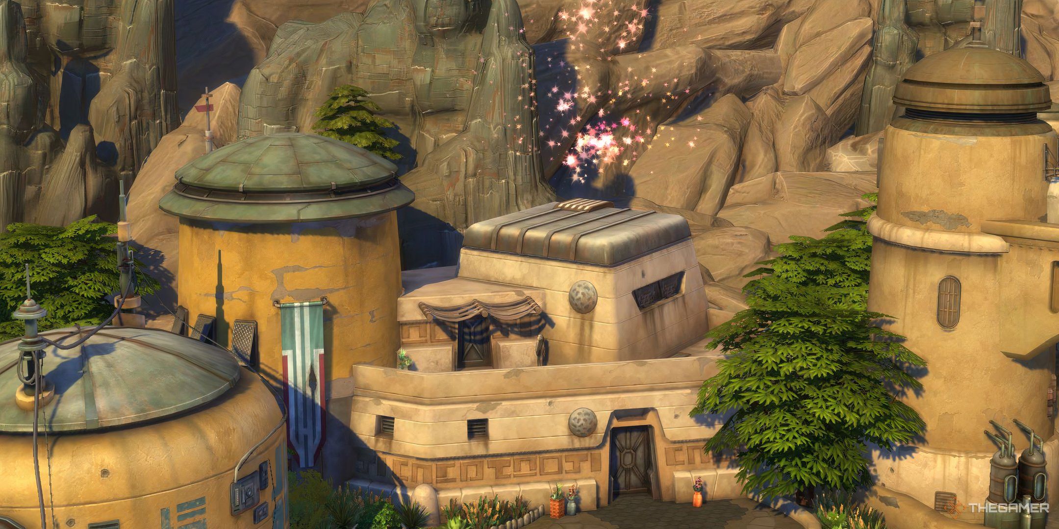 The Sims 4 Batuu outpost with sparklers going off above the building.