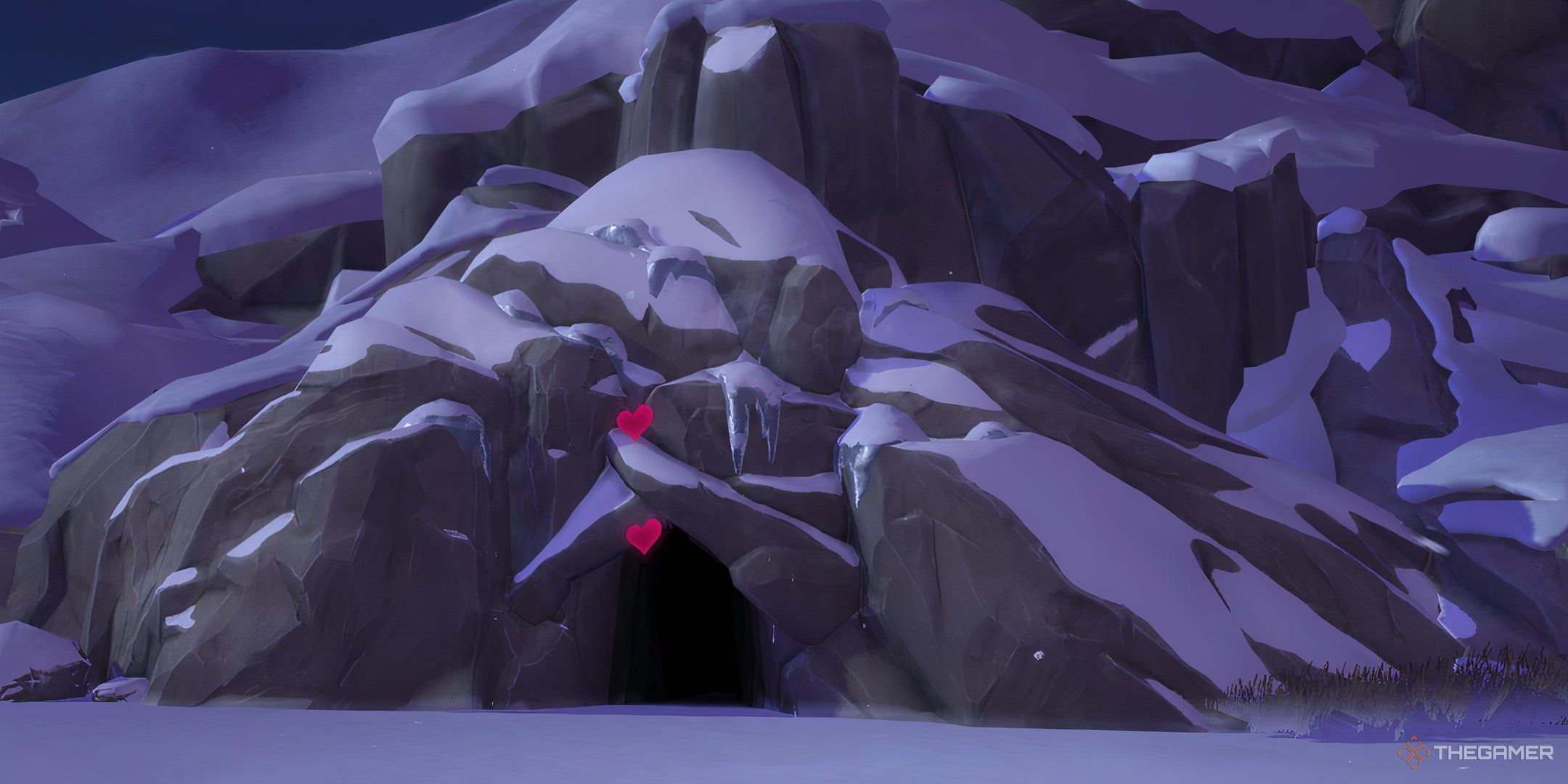 The sims 4 ice cave on the mountain with red hearts floating by the entrance.