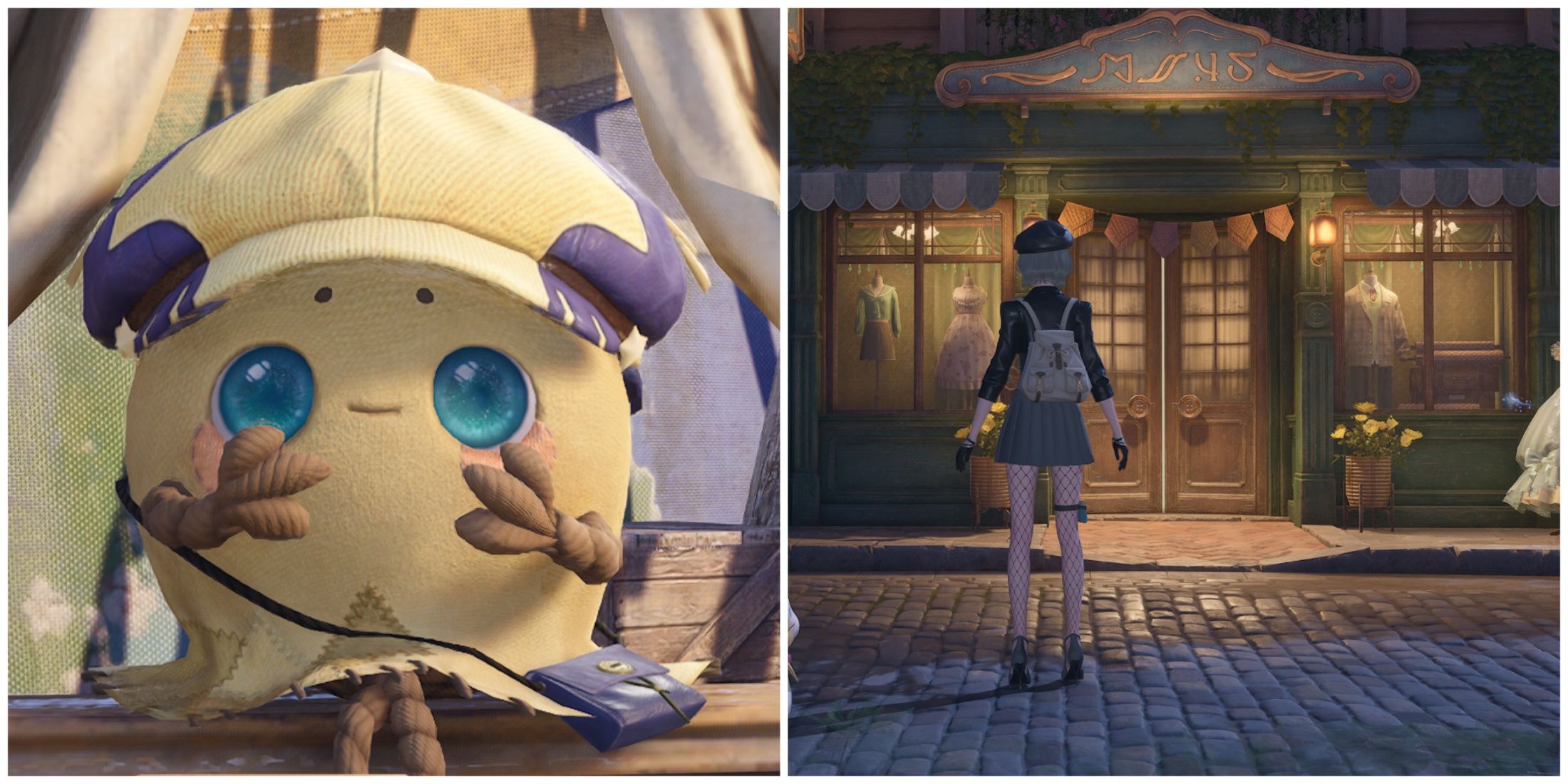 Split image of Trip Bag Baggy and the front of a clothing store in Infinity Nikki