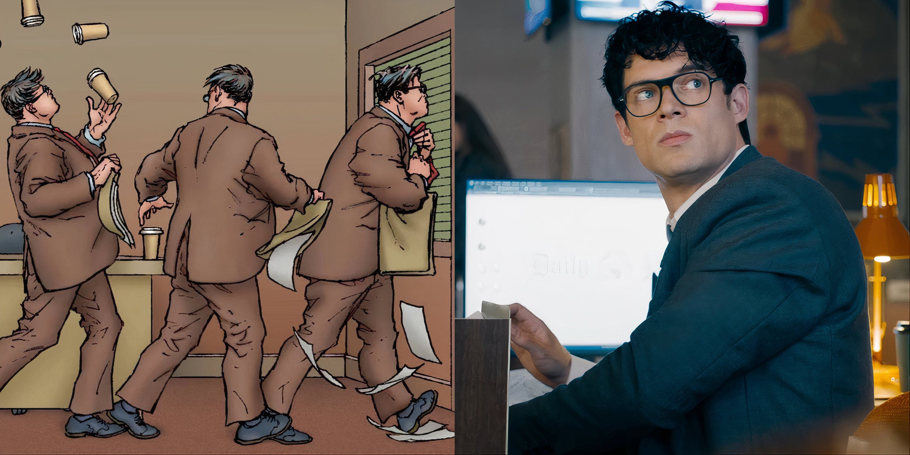 Split image of Clark Kent in All-Star Superman and James Gunn's Superman