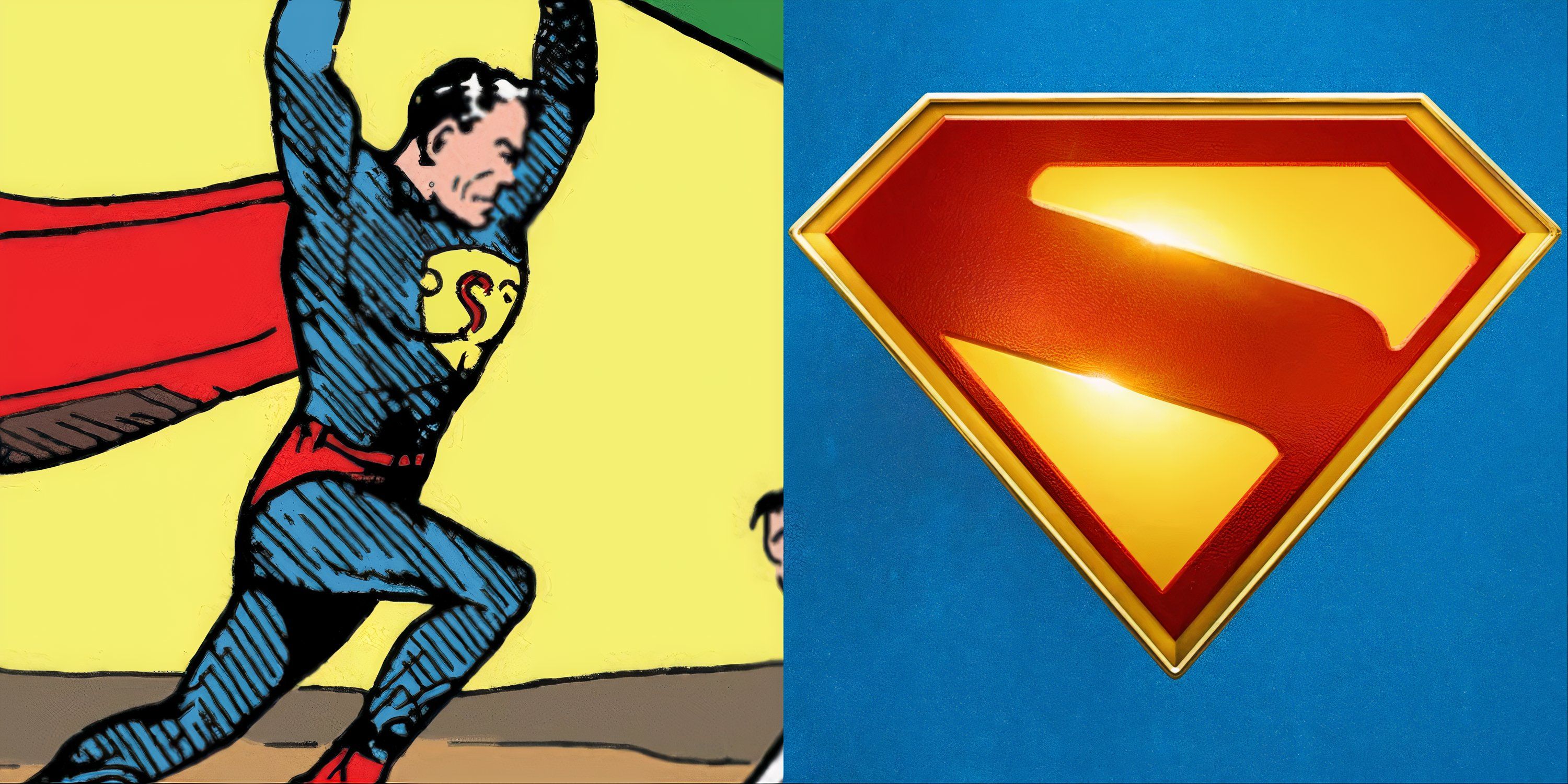 Split image of Action Comics #1 and James Gunn's Superman logo