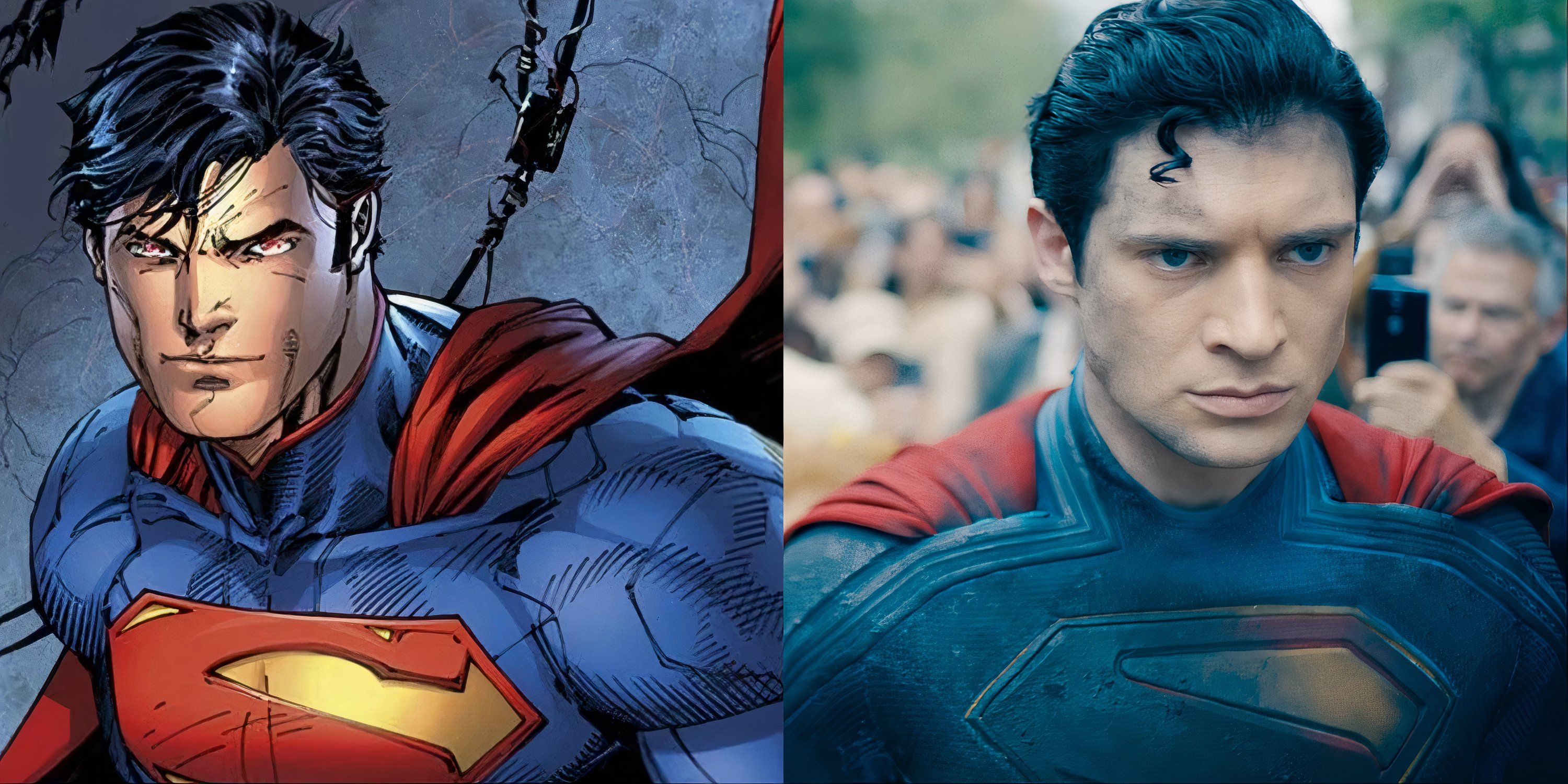 Split image of New 52 and James Gunn's Superman