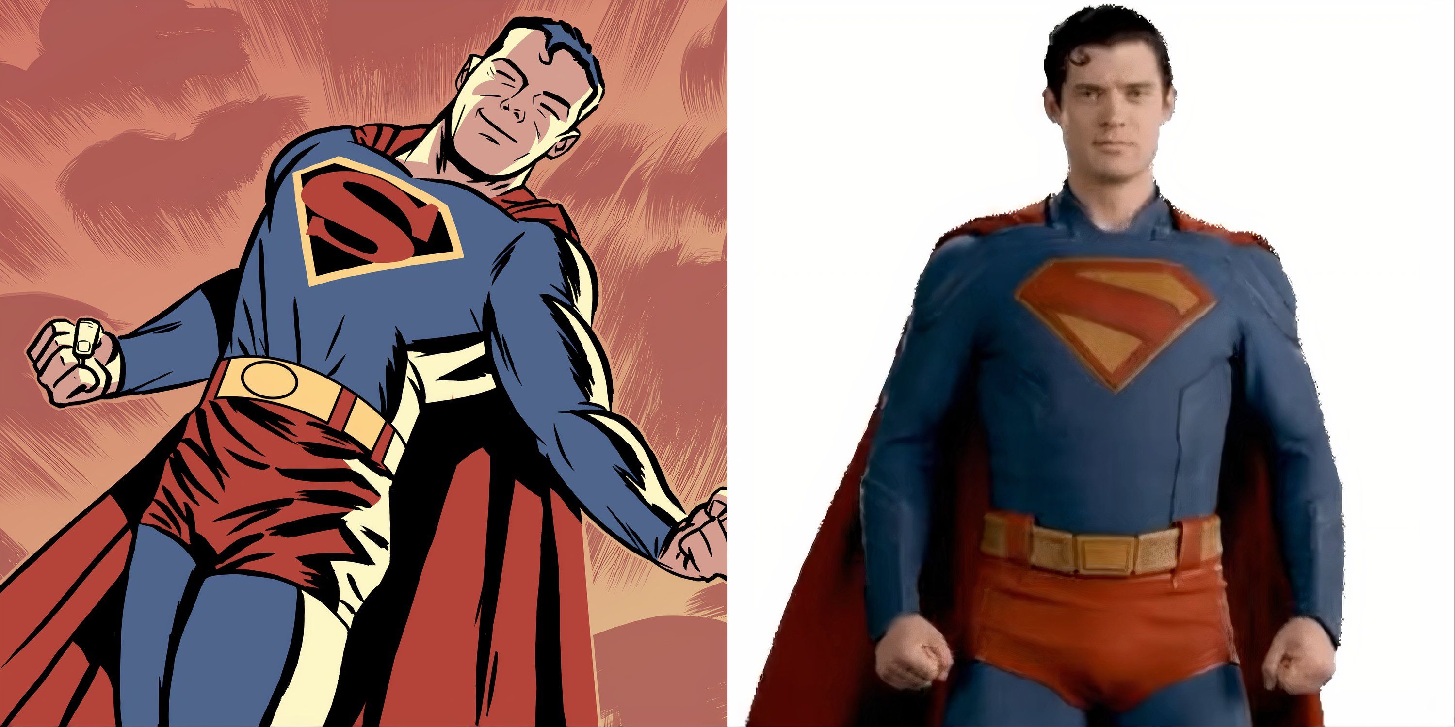 Split image of Superman in The New Frontier and James Gunn's Superman