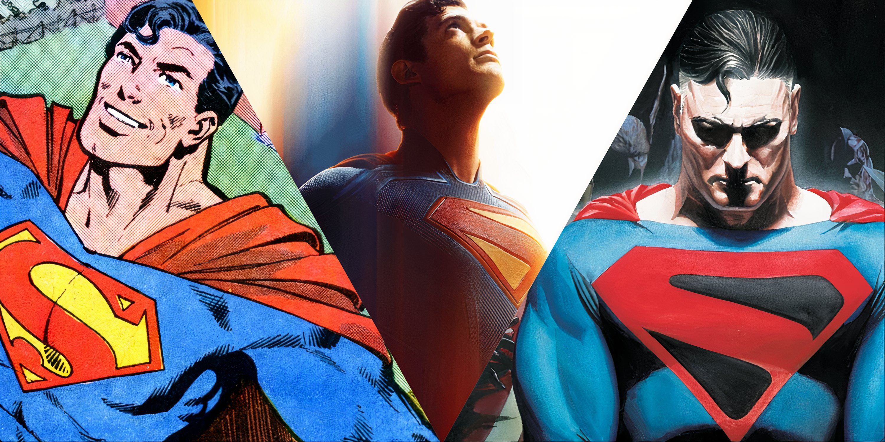 Split image of John Byrne's The Man Of Steel, James Gunn's Superman, and Kingdom Come