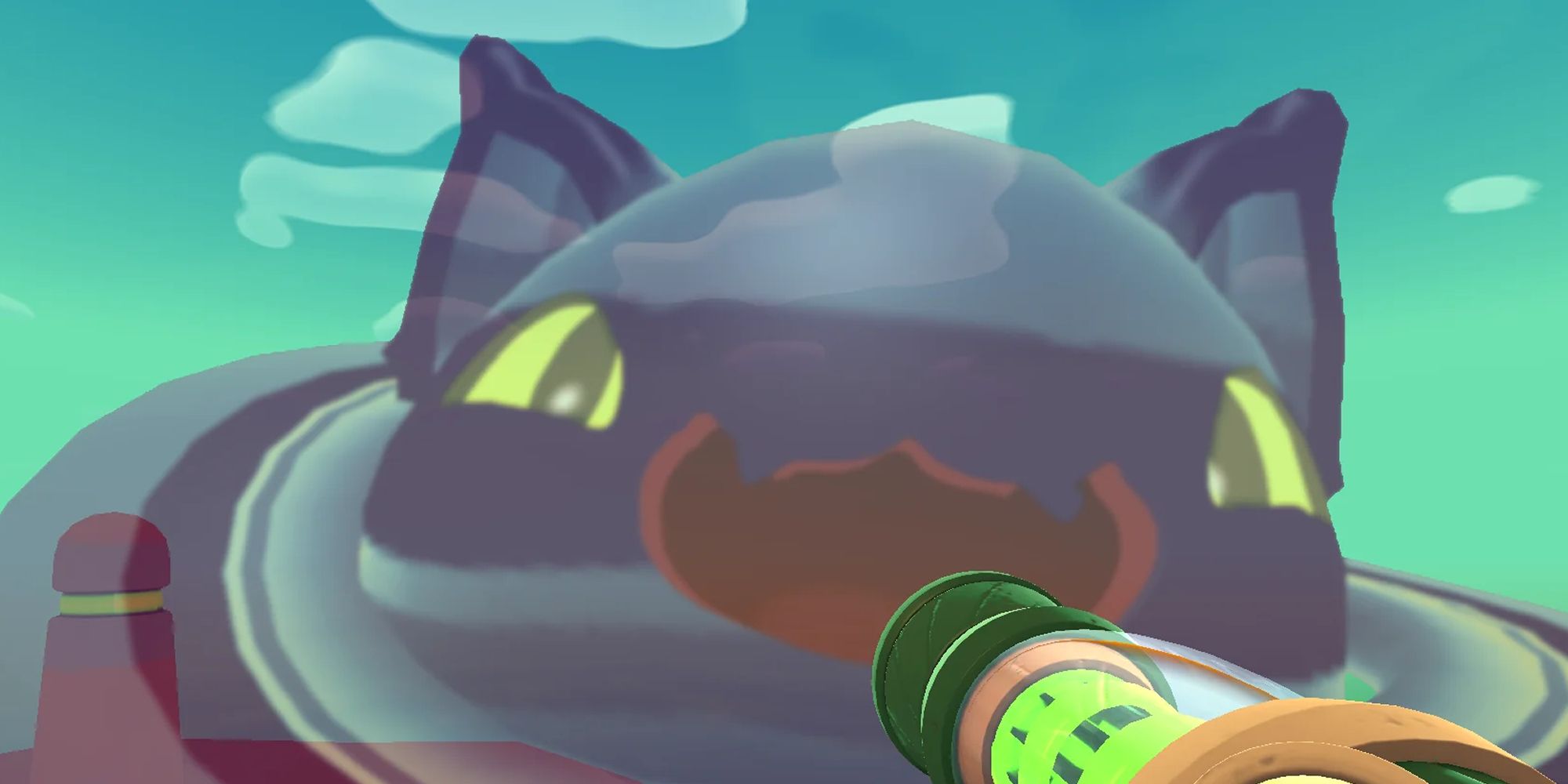 Aiming at a Hunter-Dervish Slime in Slime Rancher.