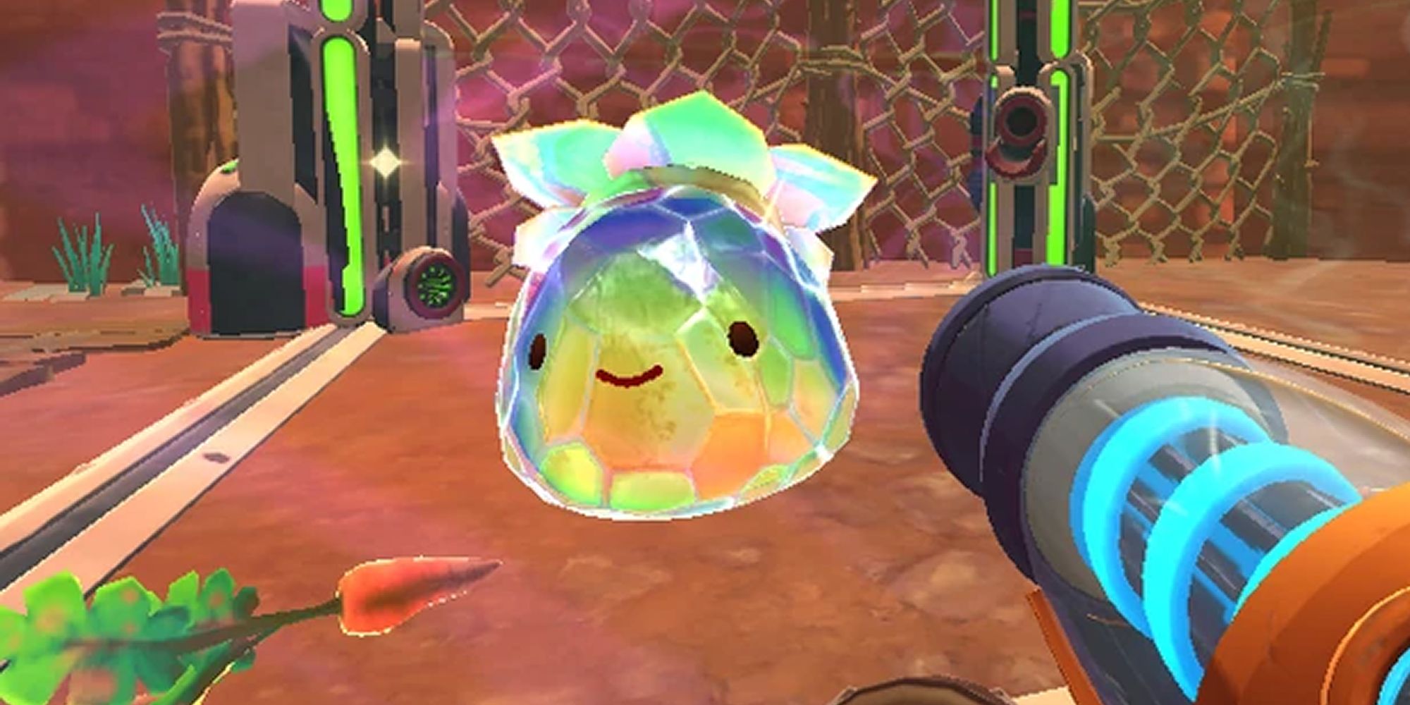 A Tangle-Mosaic Slime in the Corral in Slime Rancher.