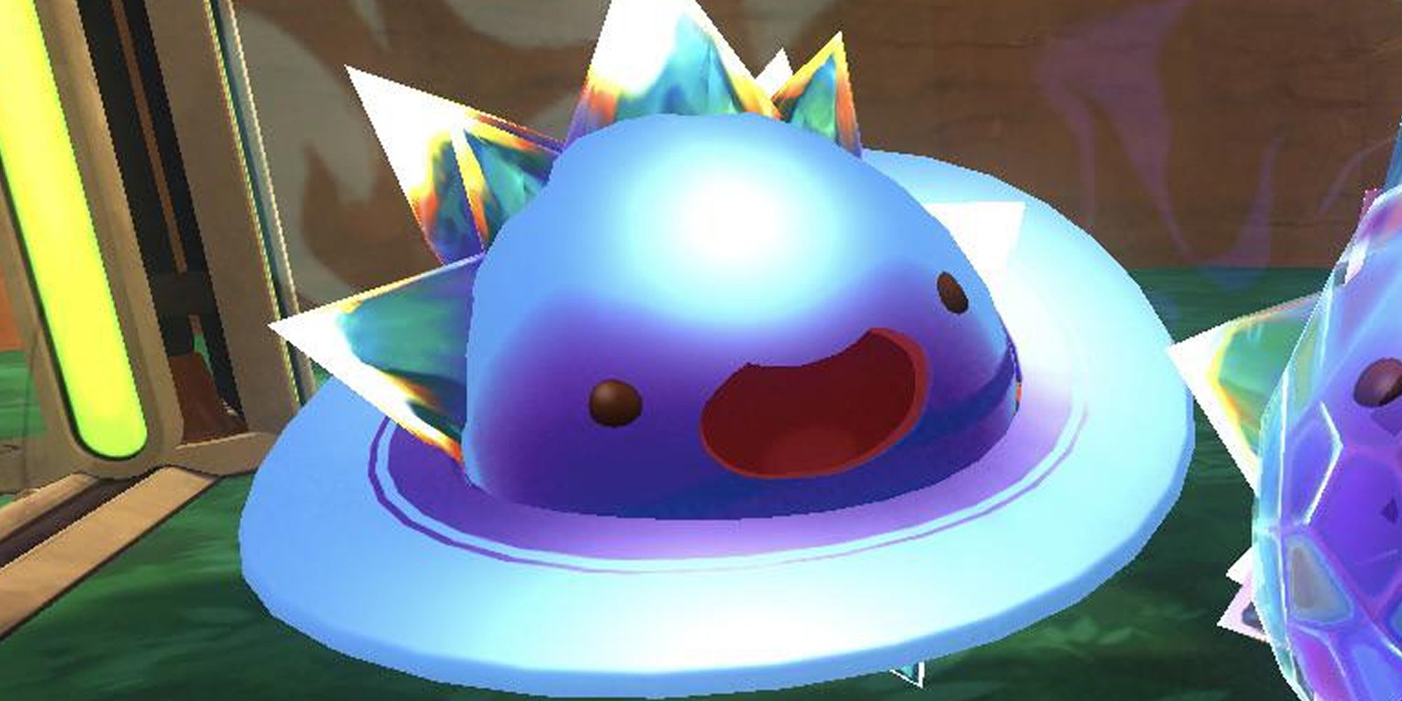 A Dervish-Crystal Slime in the Corral in Slime Rancher.