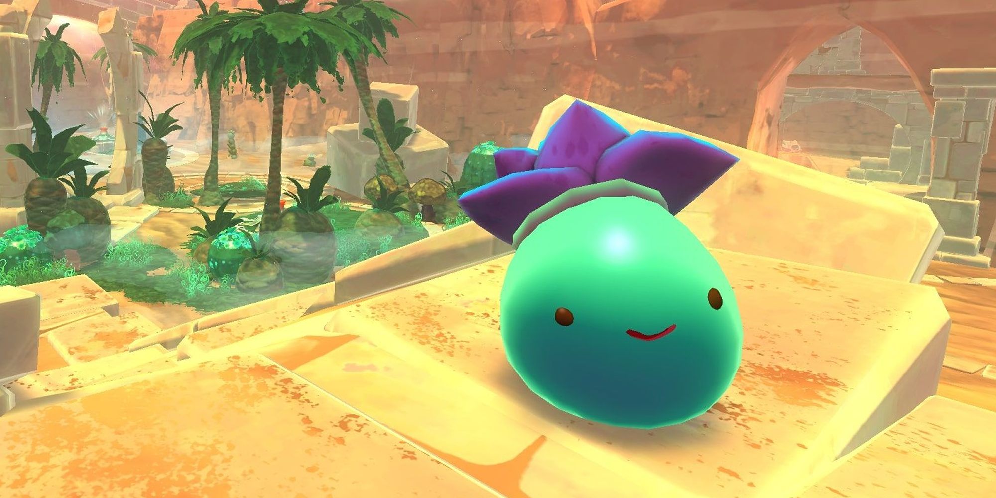 A Tangle Slime on a rock in Slime Rancher.