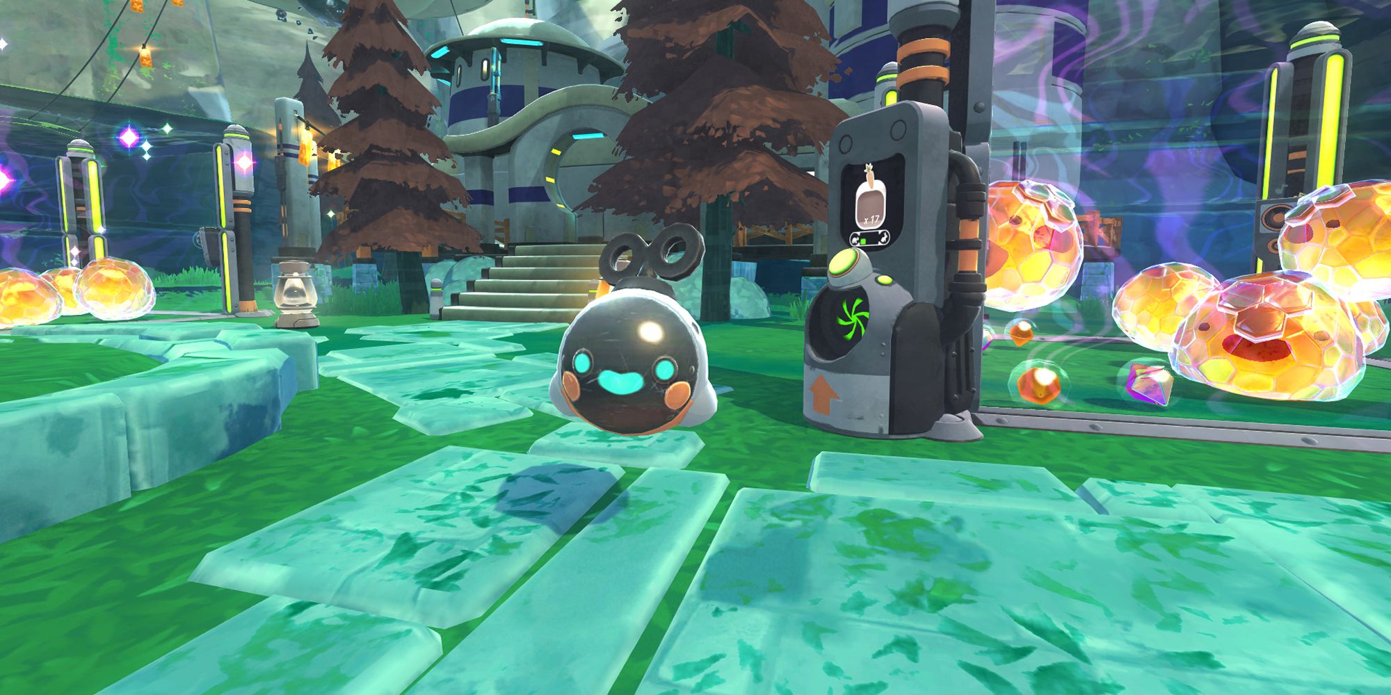 Robot and Honey Slimes by the Corral in Slime Rancher.