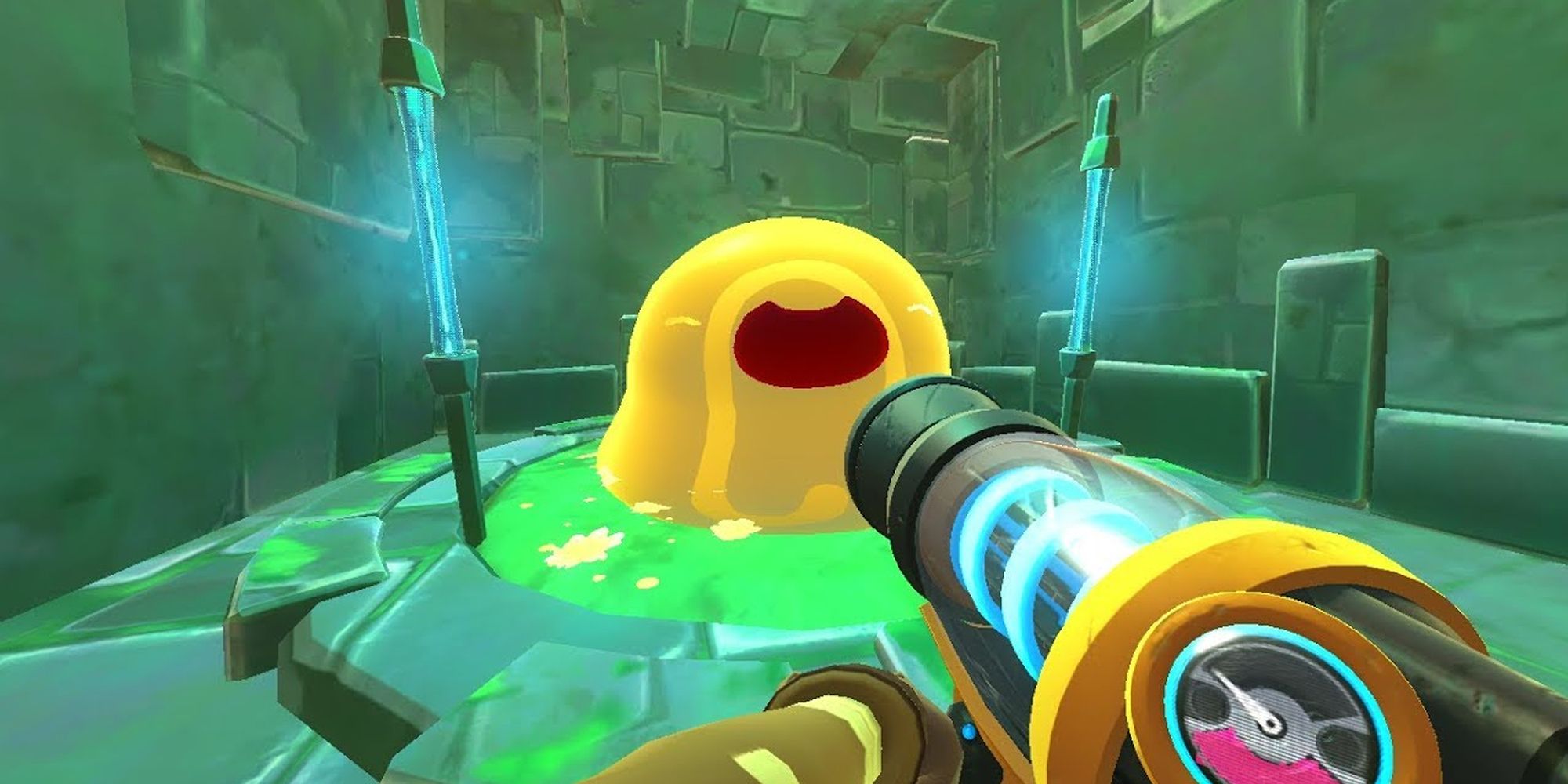 Aiming at a large yellow slime in Slime Rancher.