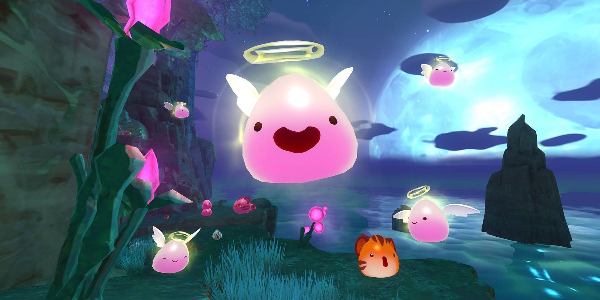 Some glowing pink Angel-like Slimes in Slime Rancher.