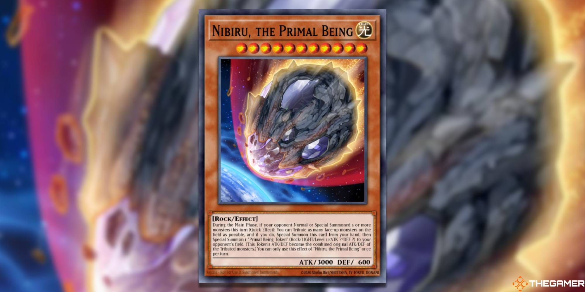 Yu-Gi-Oh! Card: Nibiru, The Primal Being, With Background Art And TheGamer Logo