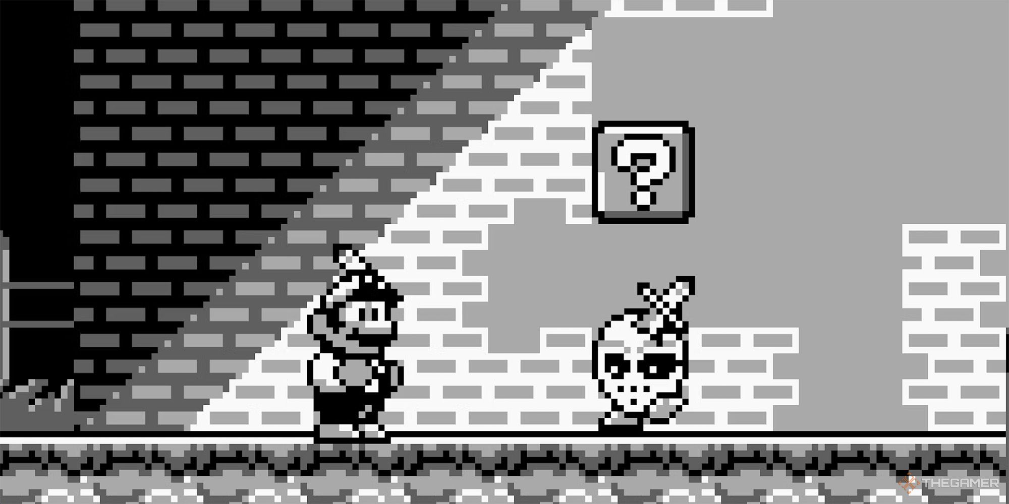 Mario preparing to fight a skull enemy in Pumpkin Zone in Super Mario Land 2: 6 Golden Coins.