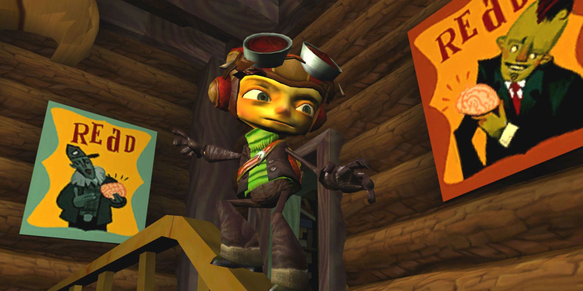 Raz slides down a banister in Psychonauts.