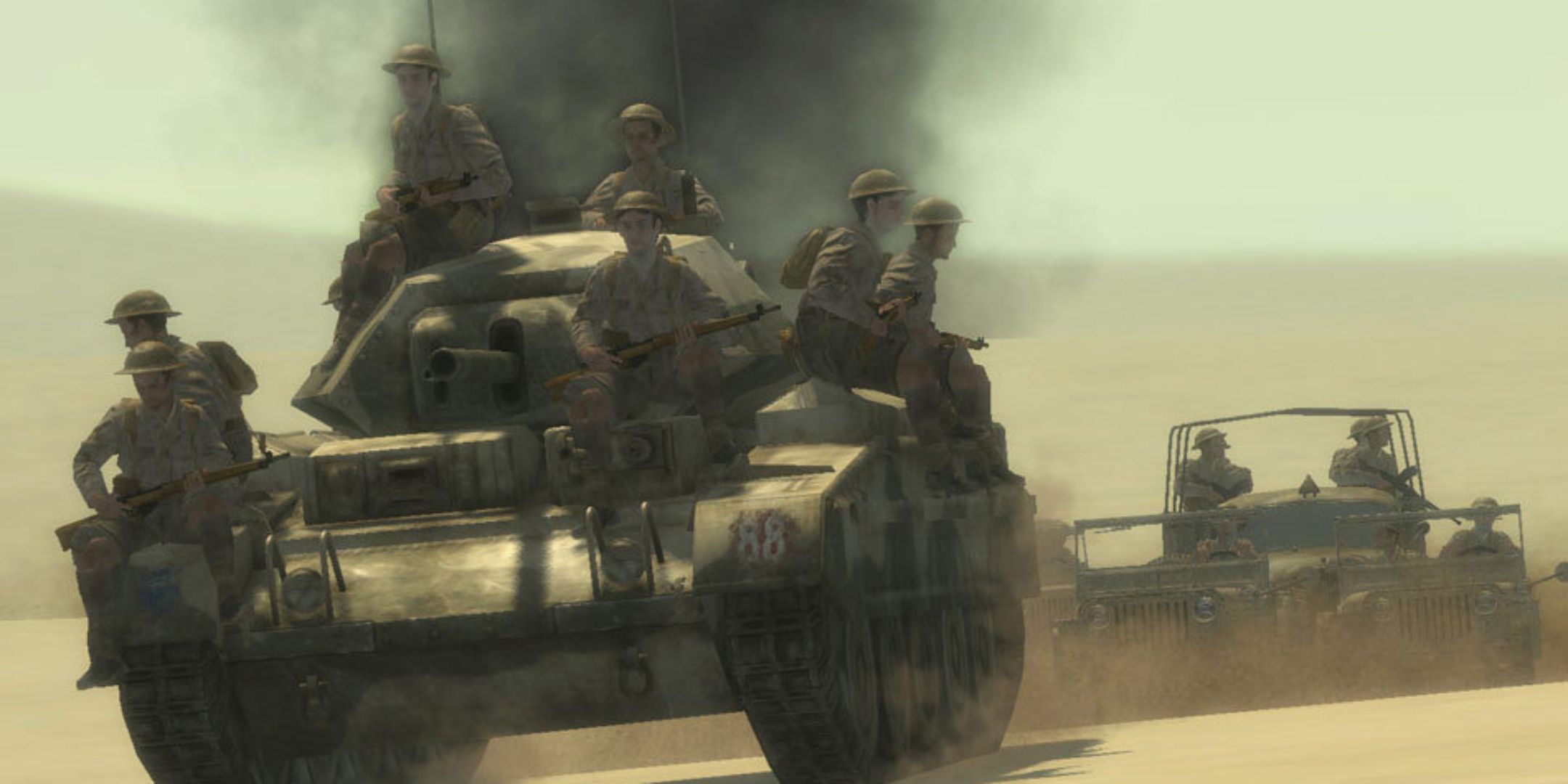 Call of Duty 2 screenshot of soldiers riding on top of a tank.