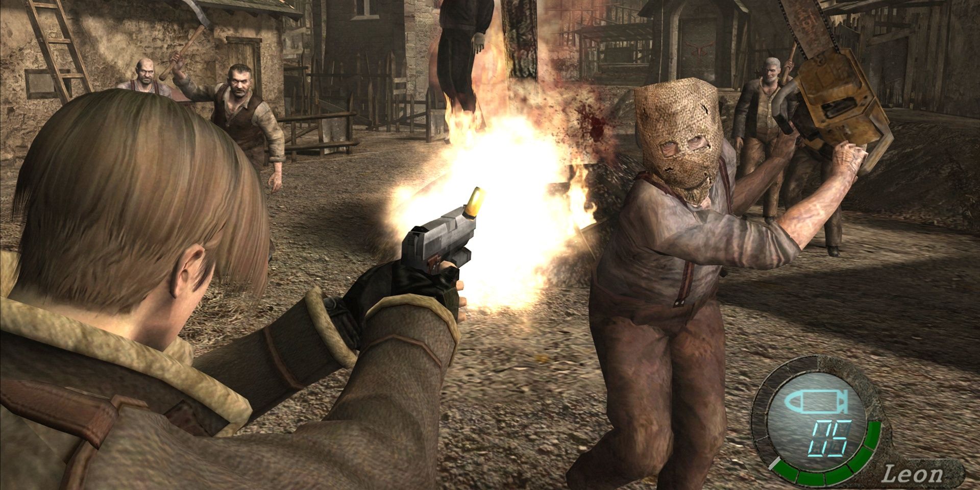 Leon firing his handgun at the brute chainsaw enemy with other villagers coming up from behind in Resident Evil 4's first section.