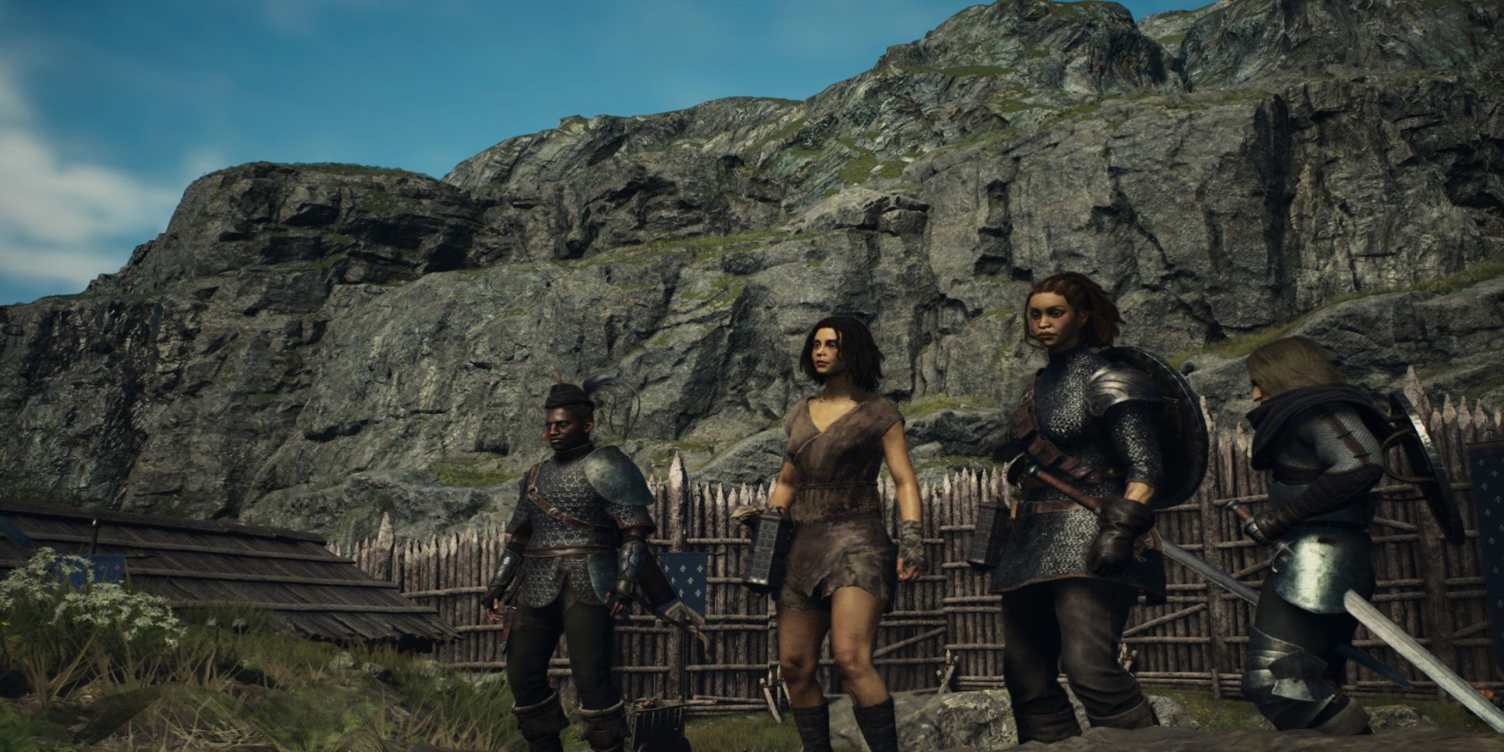 Dragon's Dogma 2 screenshot offour characters standing side by side.