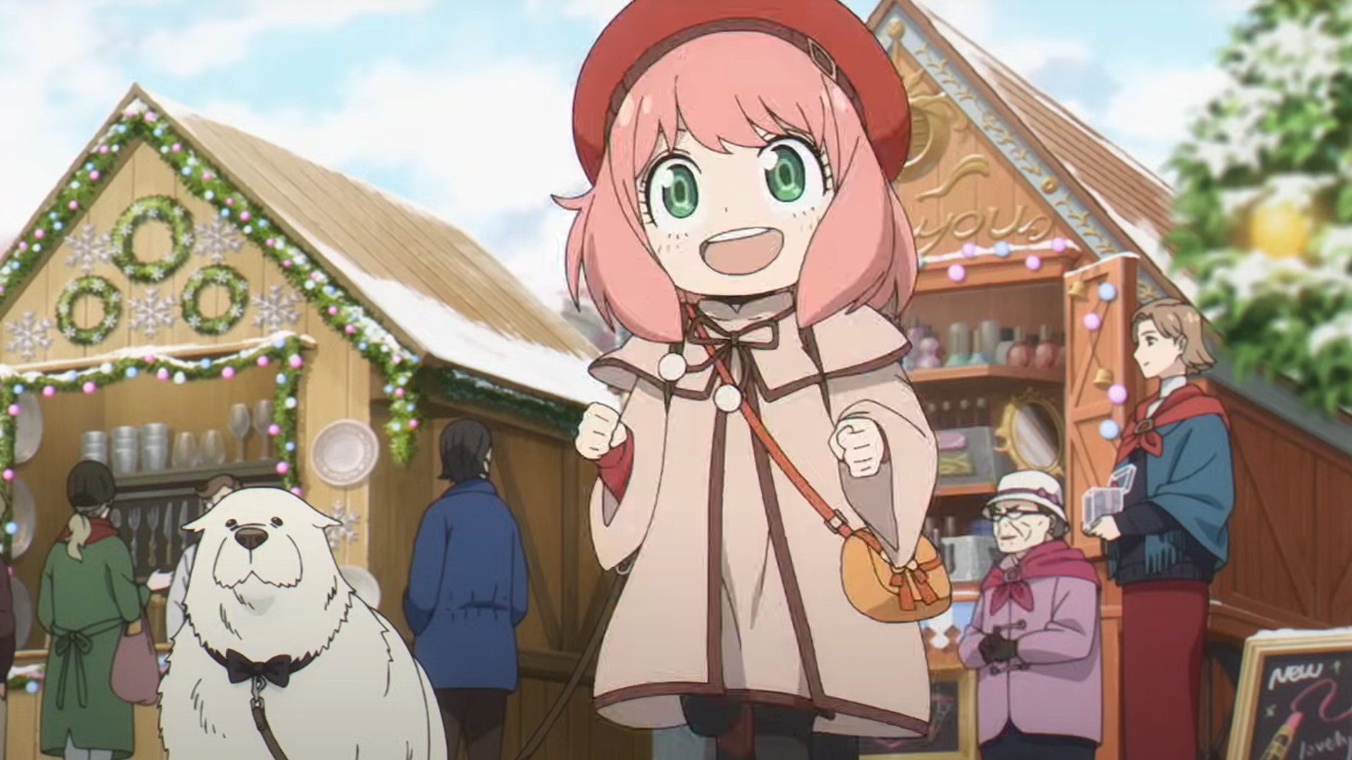 Anya and Bond at a Christmas market during the anime movie, Spy x Family: Code White.